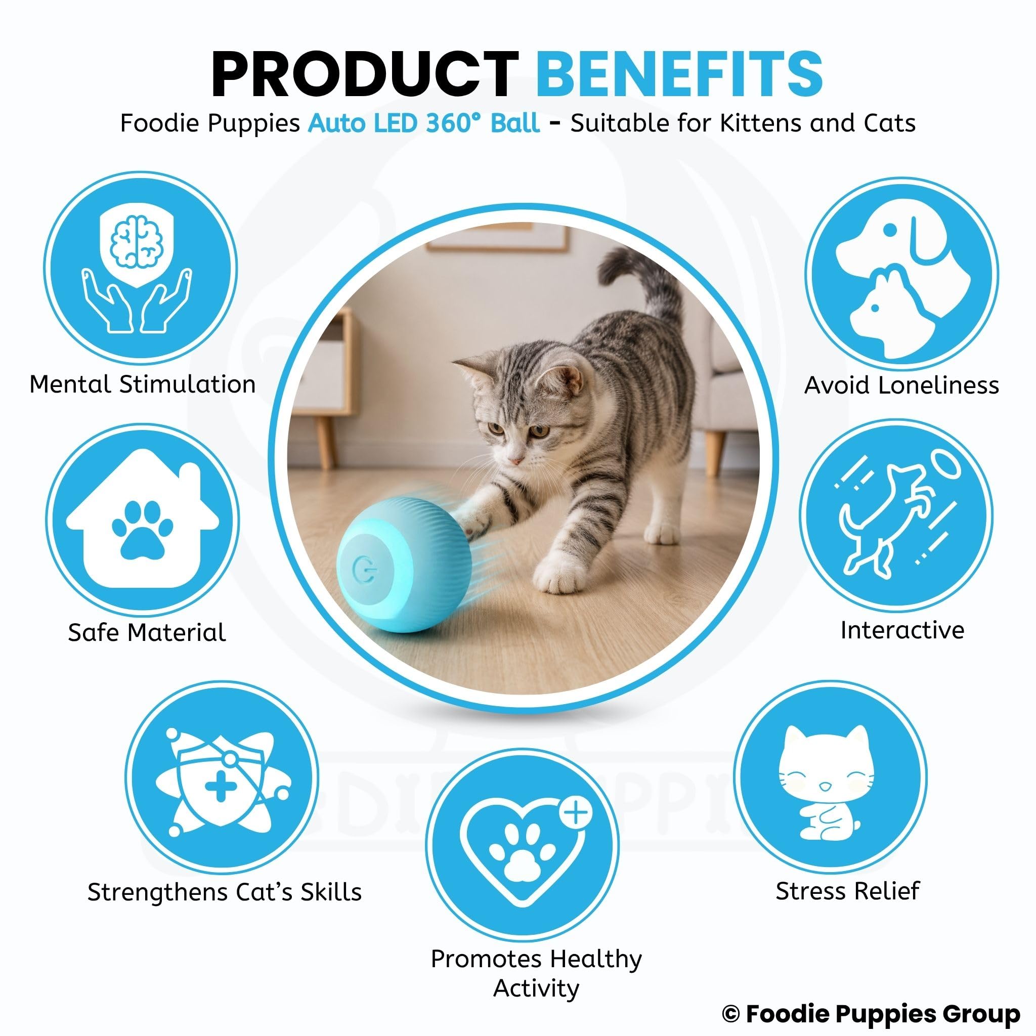 Foodie Puppies Smart LED 360° Toy Ball - (42mm) for Cats, Kittens & Puppies I Interactive Rechargeable Rotating Ball with LED Light, Cat Chasing Toy Automatic Rotating Smart Obstacle Avoiding 3