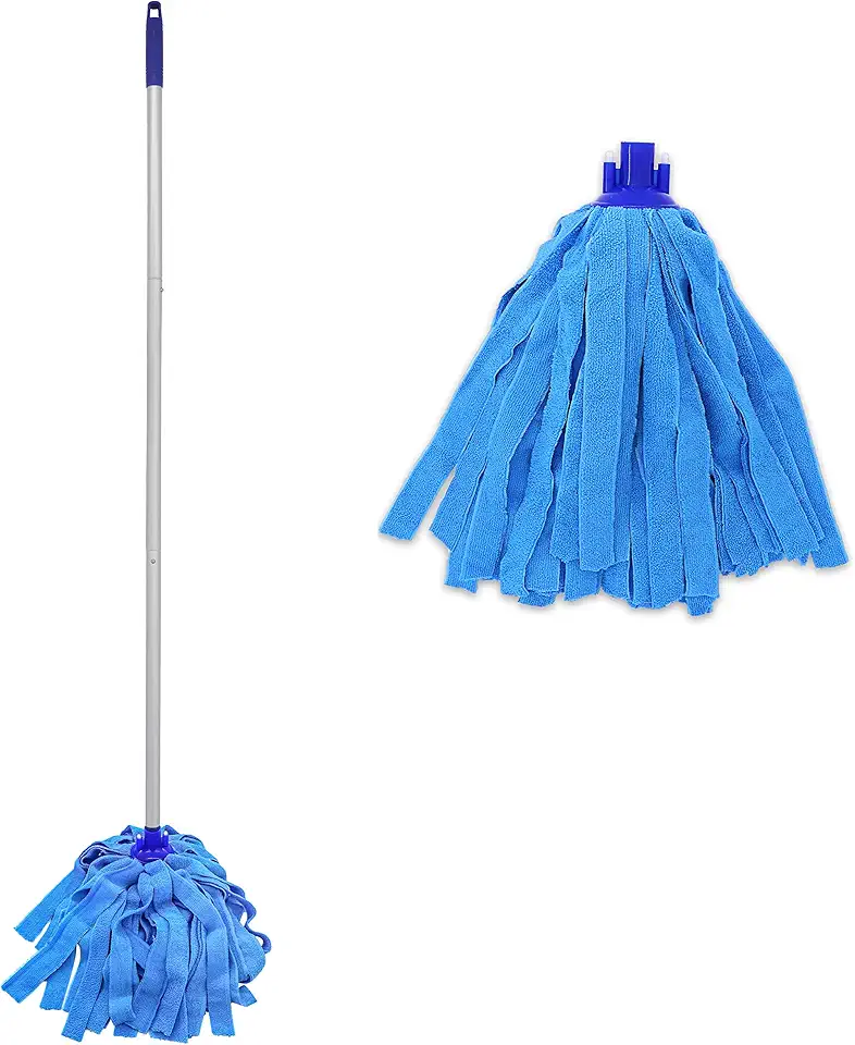 Mop, One Pole with Two Blue Microfiber Cloth Heads (1 Handle &amp; 2 Mop Heads)