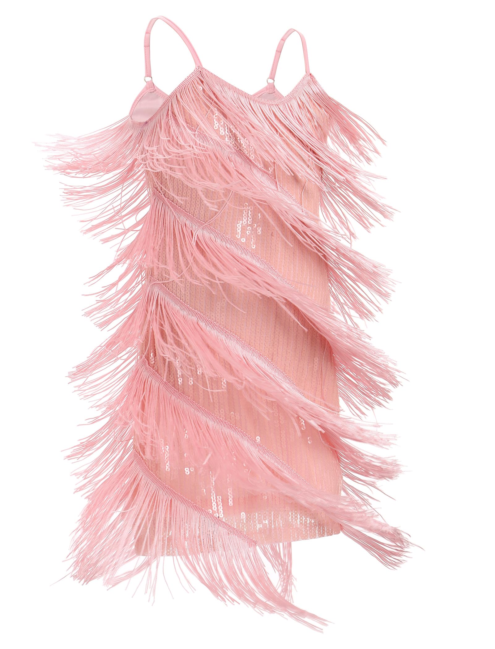 FYMNSI Vestido de baile latino para niñas, traje de baile de salón con cuello en V, lentejuelas brillantes con flecos, vestidos de baile