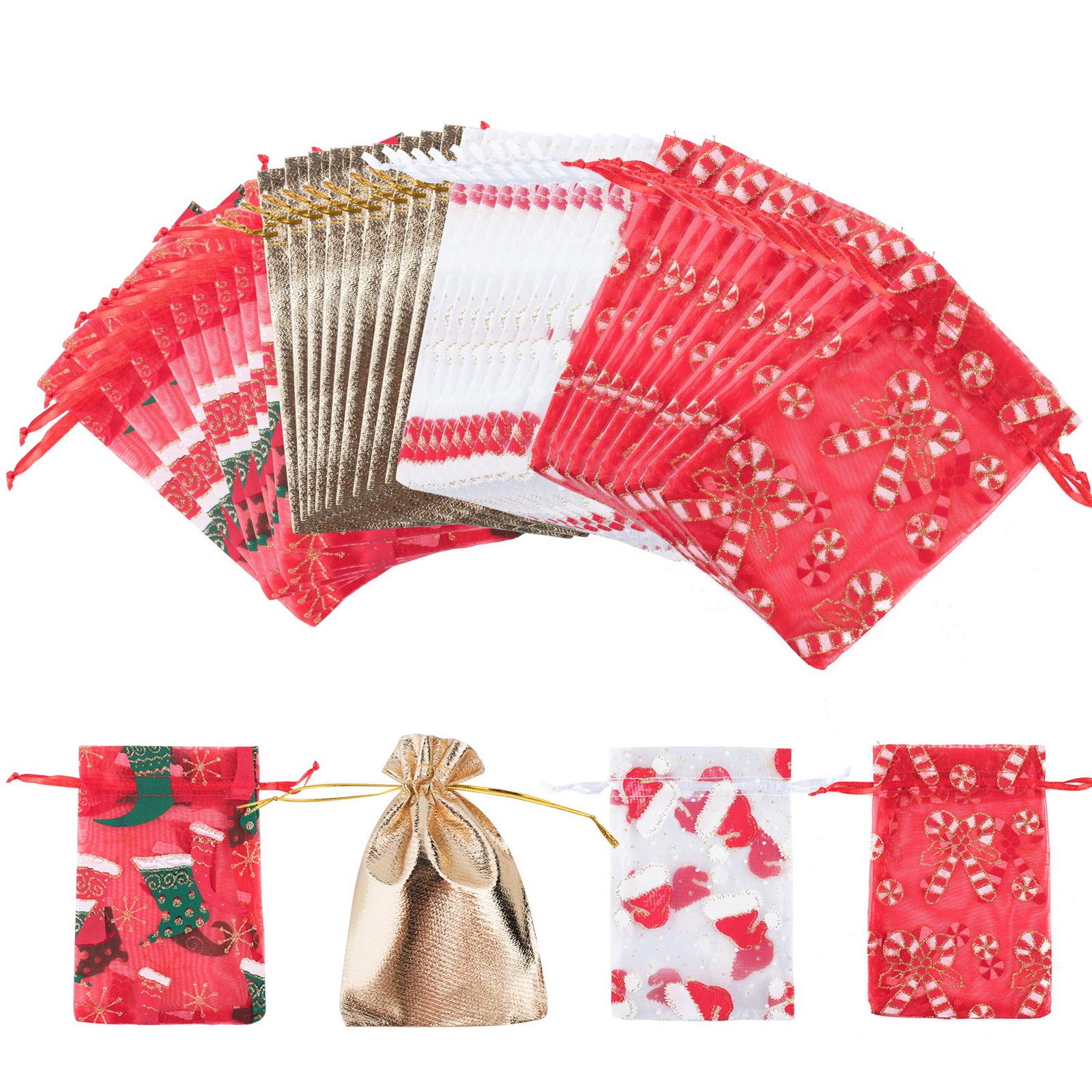 ORIGARDENOrganza Christmas Drawstring Gift Candy-Bags - 40 Pack Holiday Party Favor Goody Bags 4x6 Inch,4 Assorted Toy Makeup Present Xmas Tree Decoration Bag