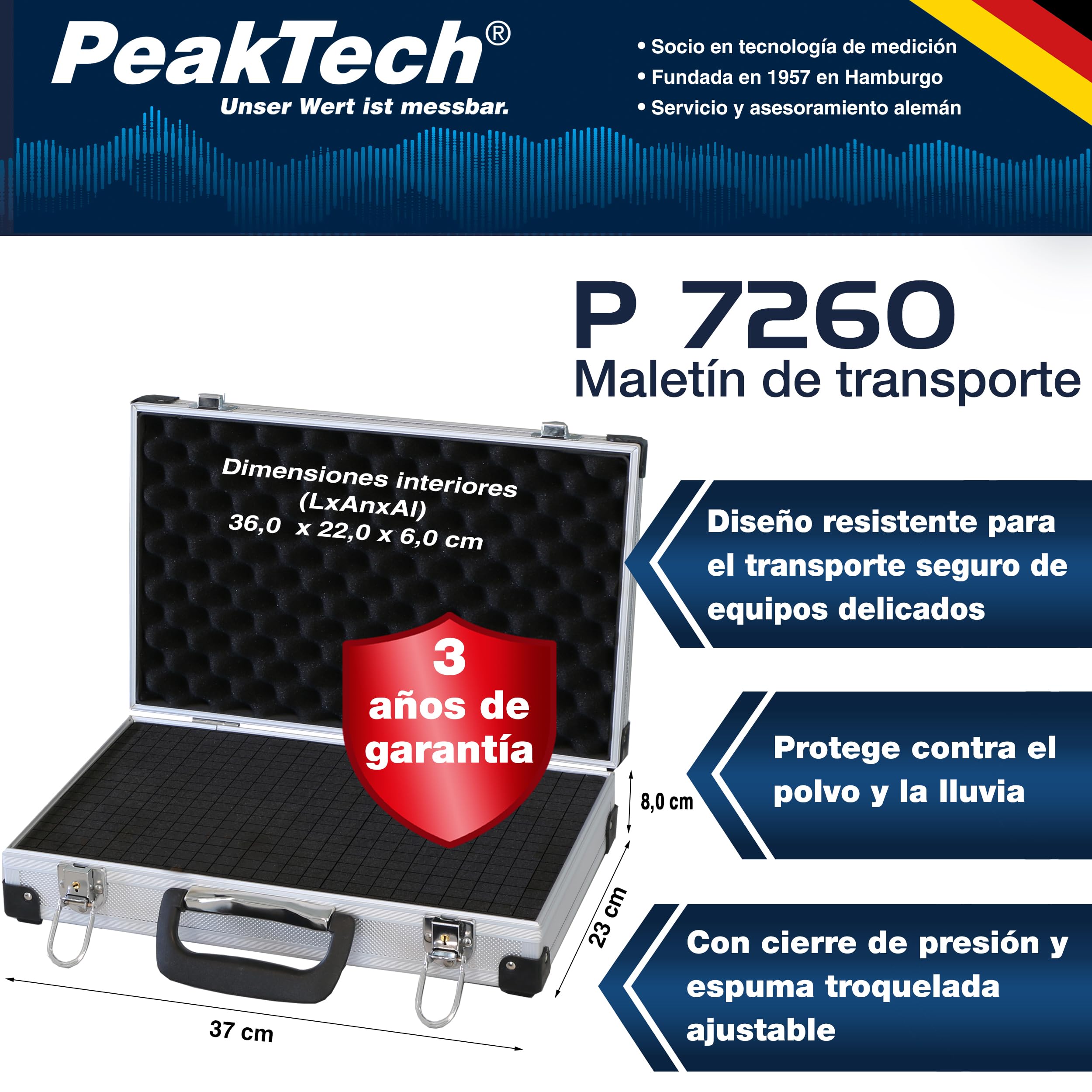 PeakTech 7260 – Estuche de transporte de aluminio resistente para instrumentos y herramientas de medición, acolchado de espuma, candado, de, a prueba de polvo, L - 370x80x230 mm