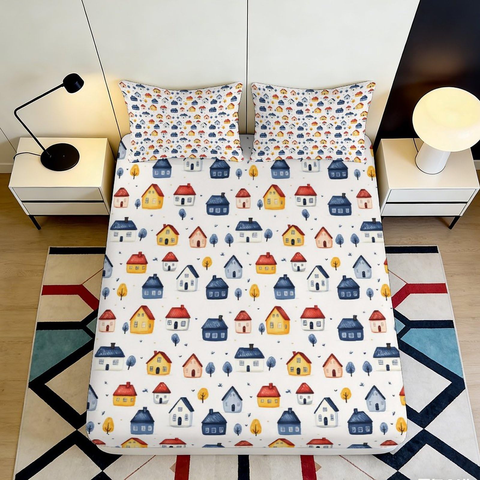 Jqzkxnhpbr Style-8 3D Printed Cartoon Birdhouse Fitted Sheet Microfiber Soft Colorful Geometric Mattress Cover For Bedroom Dorm Easy Care 90X200x25cm
