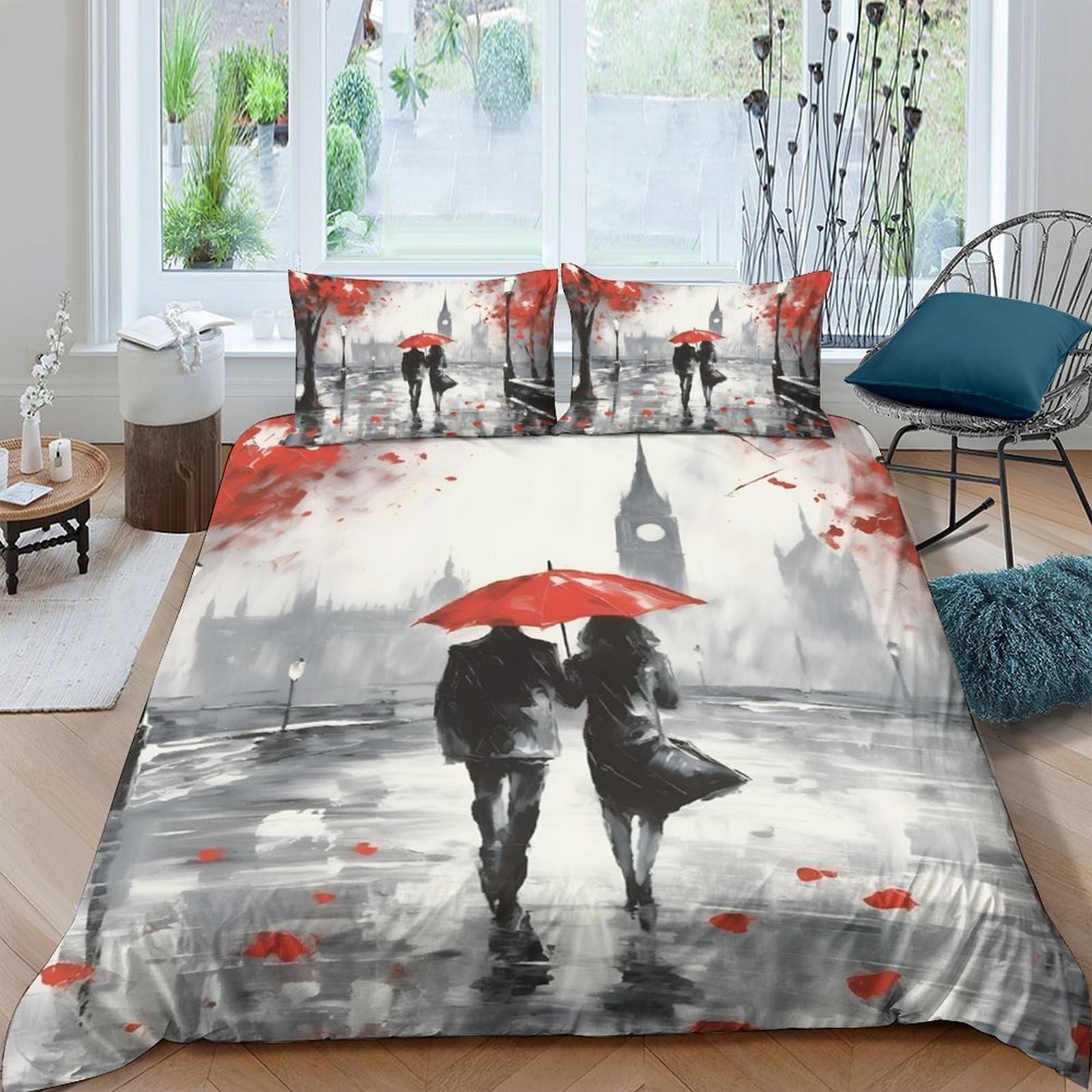Ctjqhvkz Style-6 3D Printed Romantic Couple Rainy Street Fitted Sheet Microfiber Soft Red Umbrella Bed Cover For Bedroom Dorm Decor Single（135X200cm）