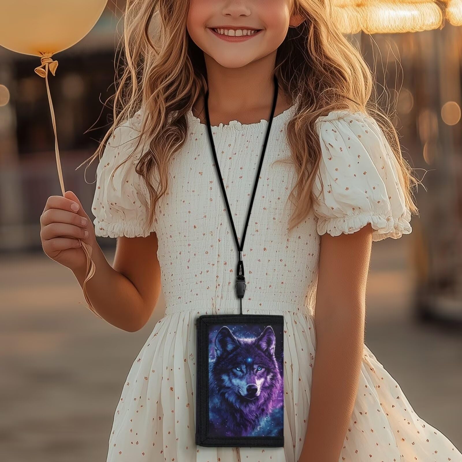 Rshubino Wolf Print Kids Purse for Boys Trifold Wallet with Lanyard for Kids Children Novelty Canvas Wallet with Card Holders for Holiday Outdoor Travel