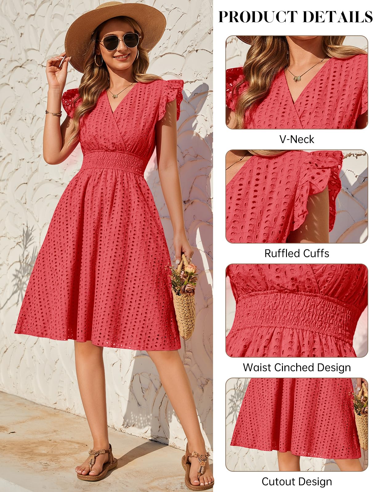 heekpek Sommerkleid Damen Knielang Baumwolle V Ausschnitt Damenkleider Midi Luftige Sommerkleider Ösen Spitze A-Linien Kleid Elegant Rüschenärmel Kleider mit Taschen