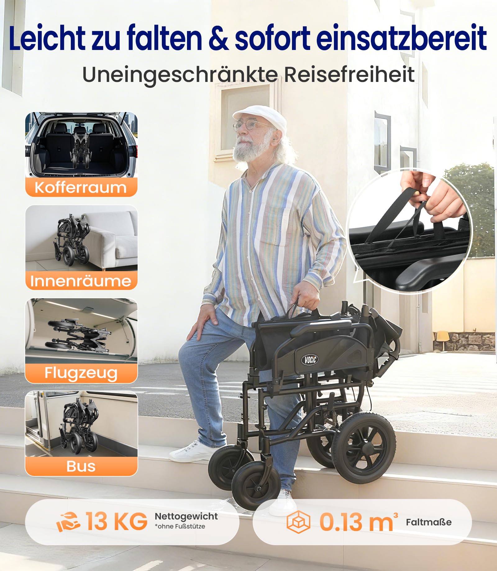VOCIC U11 Sedia a Rotelle Pieghevole Leggera 13KG Stretta | Carrozzina per anziani fino a 136KG,30CM ruote fuoristrada,cuscino 3D,doppio freno,alluminio|Grigio Chiaro