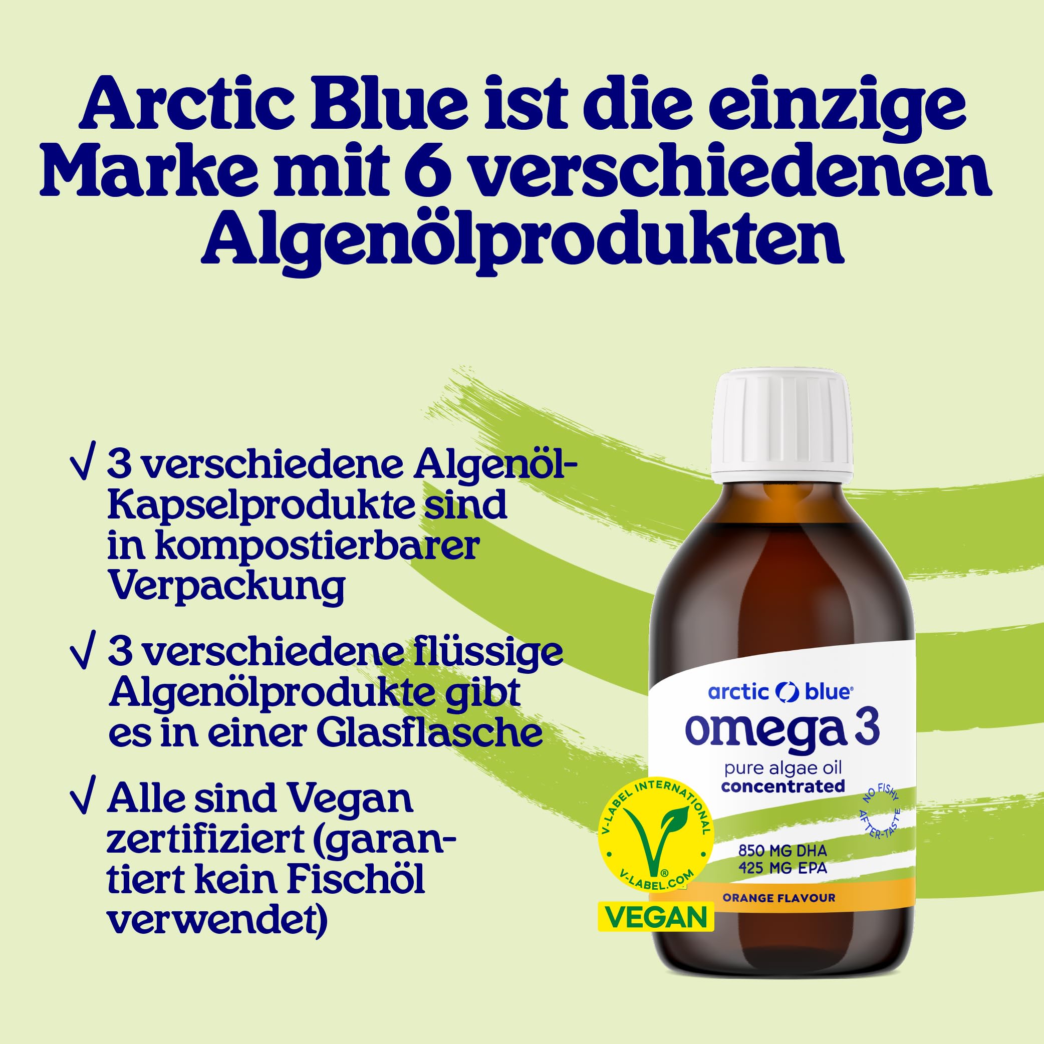 Arctic Blue Premium Omega 3 veganes Algenöl 150 ml – 850 mg DHA & 425 mg EPA pro Portion – hochdosiert, vegan & flüssig – Orangengeschmack – nachhaltig produziert