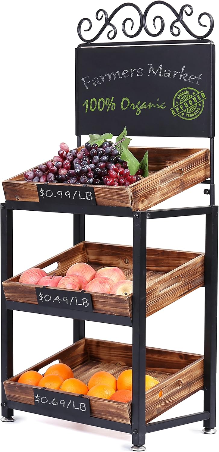 Amazon MyGift 3tierヴィンテージメタル&木製Produceスタンドwith Chalkboard Signs 黒板