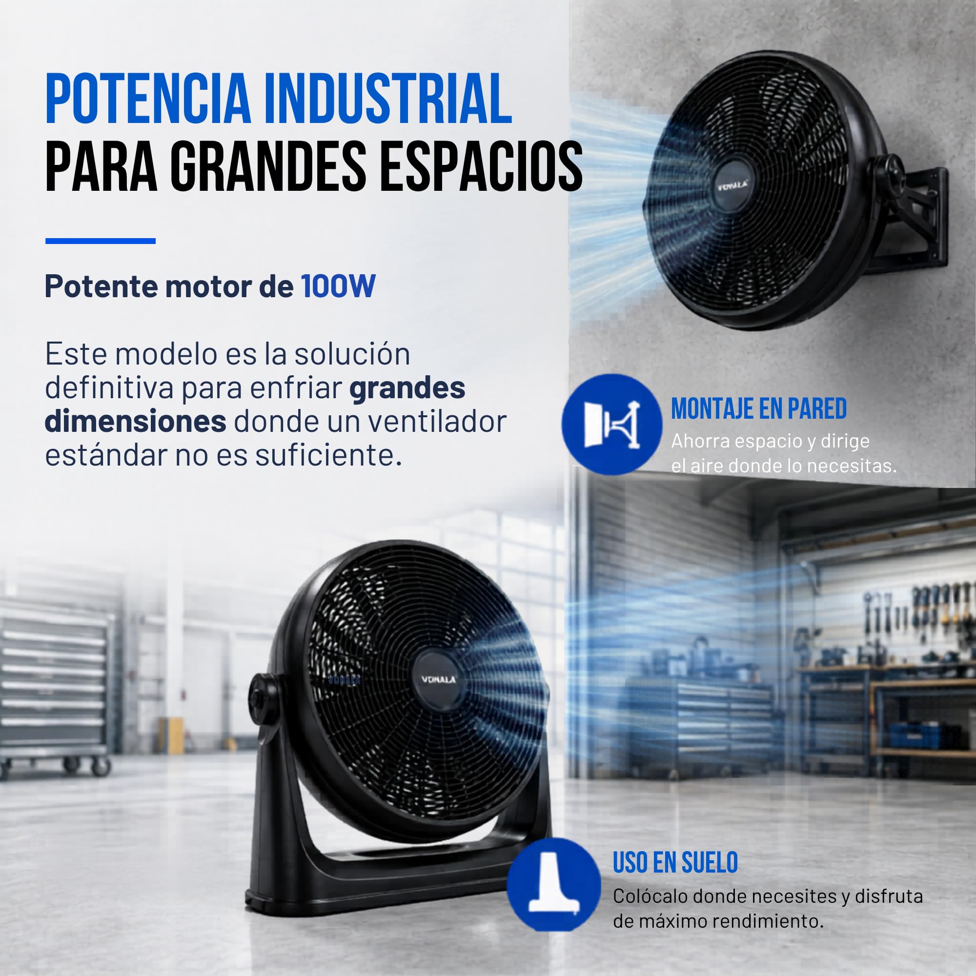 Vonala Ventilador de Suelo y Pared Industrial 100W Ventilador Potente 50cm Silencioso ABS Antivibración Fan Para Exterior e Interior Negro, Ventiladores Potentes Silenciosos