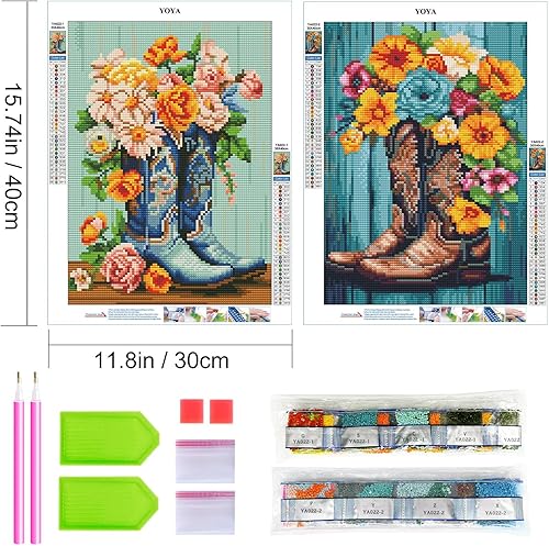Miniatura 3 de YOYA Paquete de 2 kits de pintura de diamantes 5D para adultos, botas de vaquero, kits de arte de diamantes, flores, bricolaje completo, puntos de