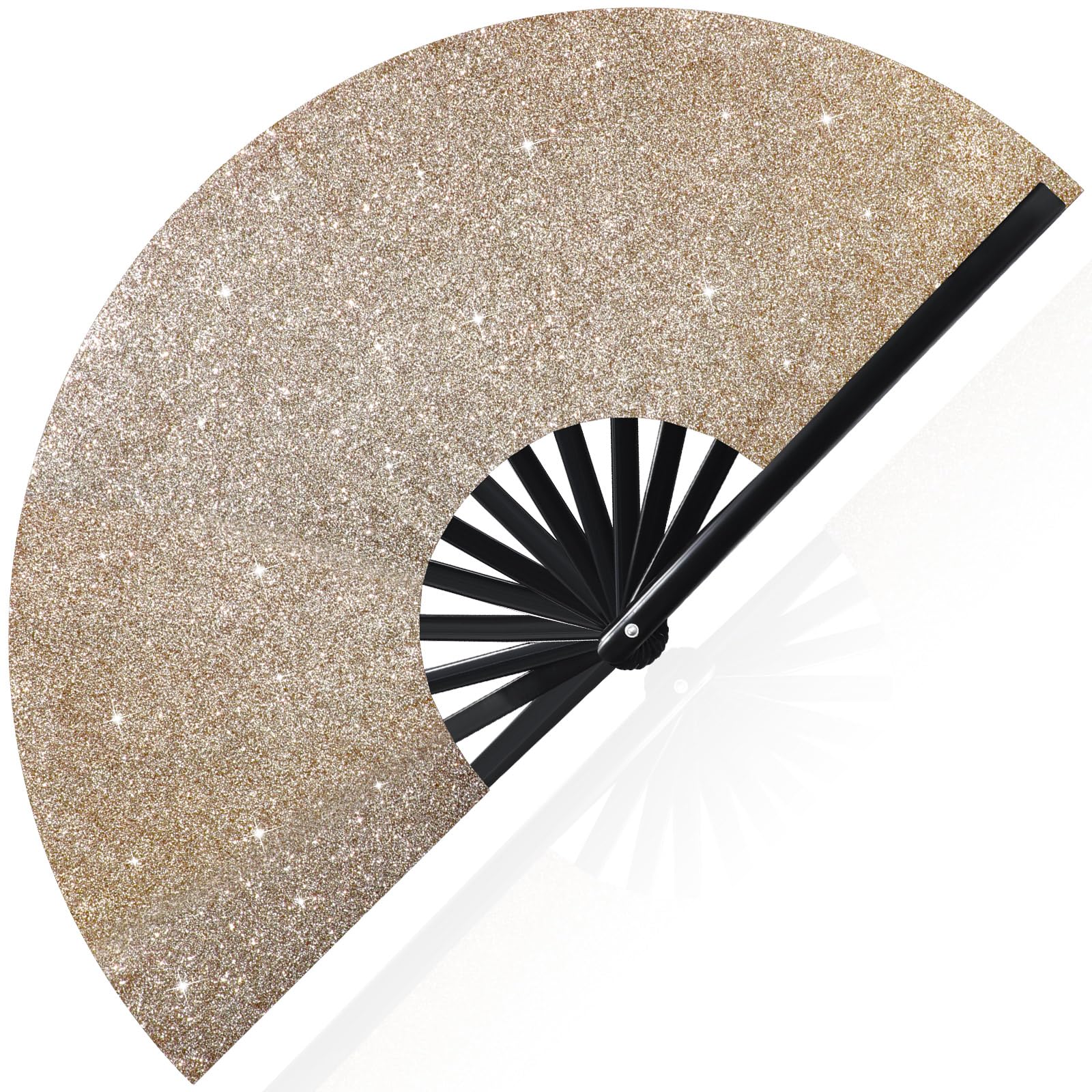 Vercraft 13'' Large Rave Fan for Women Rave Accessories Festival Outfits Glitter Hand Folding Clack Fan for Line Dancing EDM Music Festival Outfits(Champagne Gold)