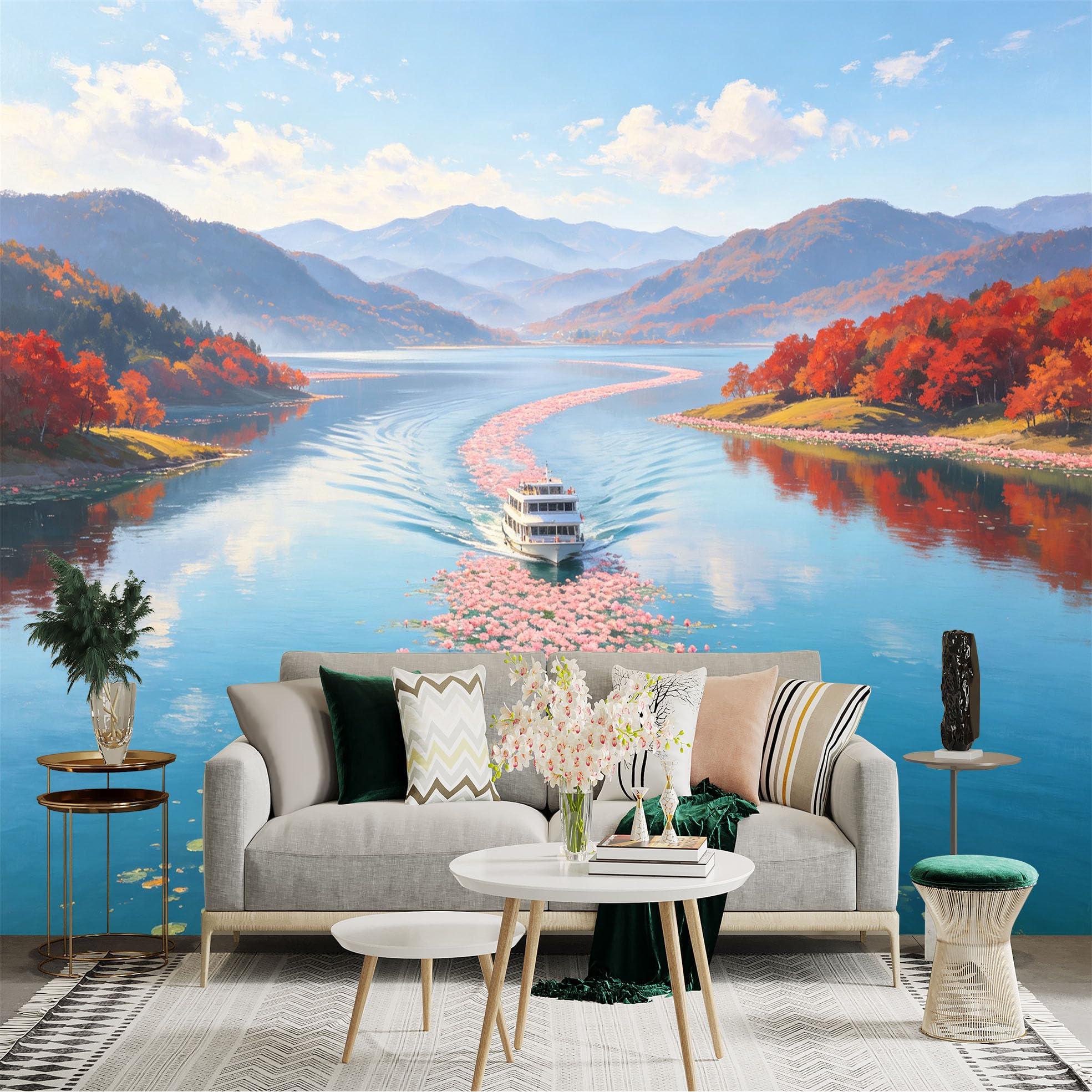 Custom Size Wall Sticker Mural， Scenic Cruise Ship on Lake， Vibrant Pink Water Lilies， Autumn Mountain Landscape， Peaceful Nature Scenery， for wall Decoration， peelandstick wall Decals.