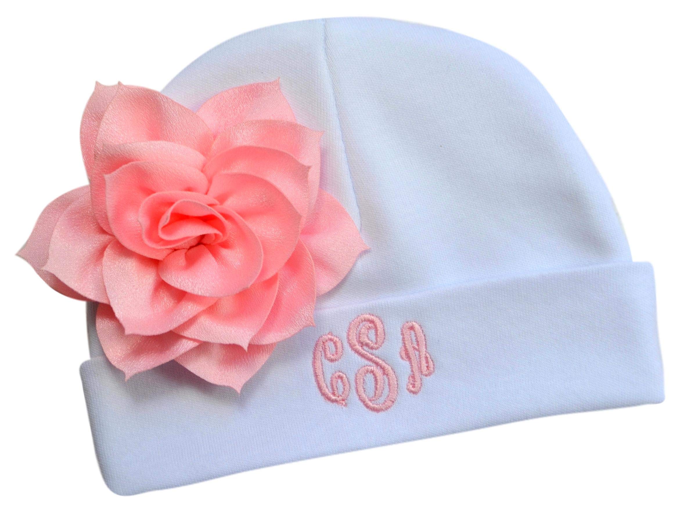 Personalized Embroidered Baby Girl Hat with Pink Lotus Flower Your Custom Initials (Pink)