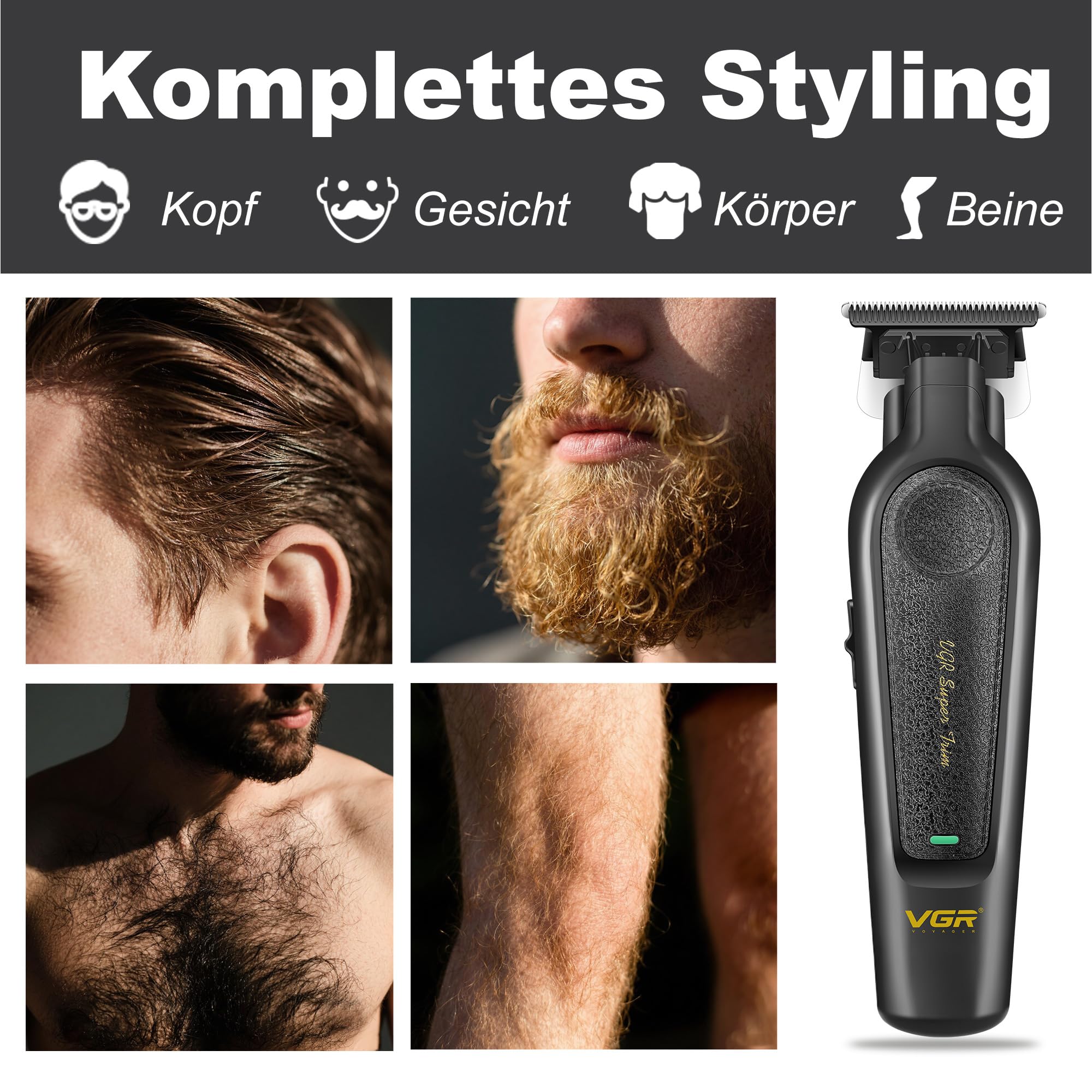 VGR 995 Profi Haartrimmer für Herren Zero Gap Trimmer, Kabelloser Elektrischer Haarschneider mit 4 Kammaufsätzen, USB-C Haarschneider, Leiser Präzisionstrimmer für Reisen
