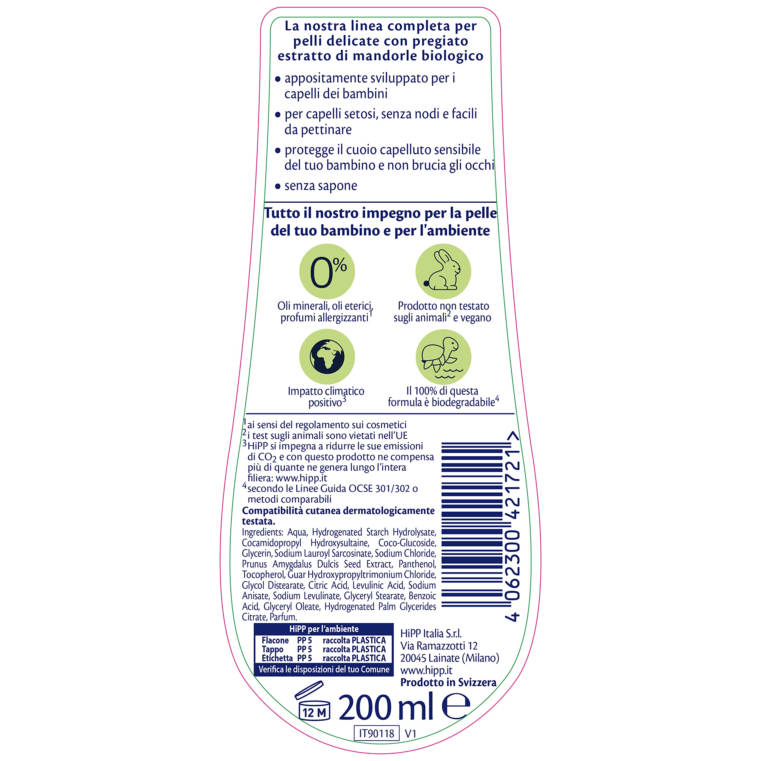 HiPP Baby Care szampon z odżywką dla dzieci, rozplątuje włosy i chroni skórę głowy, neutralne pH, do skóry wrażliwej, z naturalnym ekstraktem z organicznych migdałów, 6 szt. 200 ml