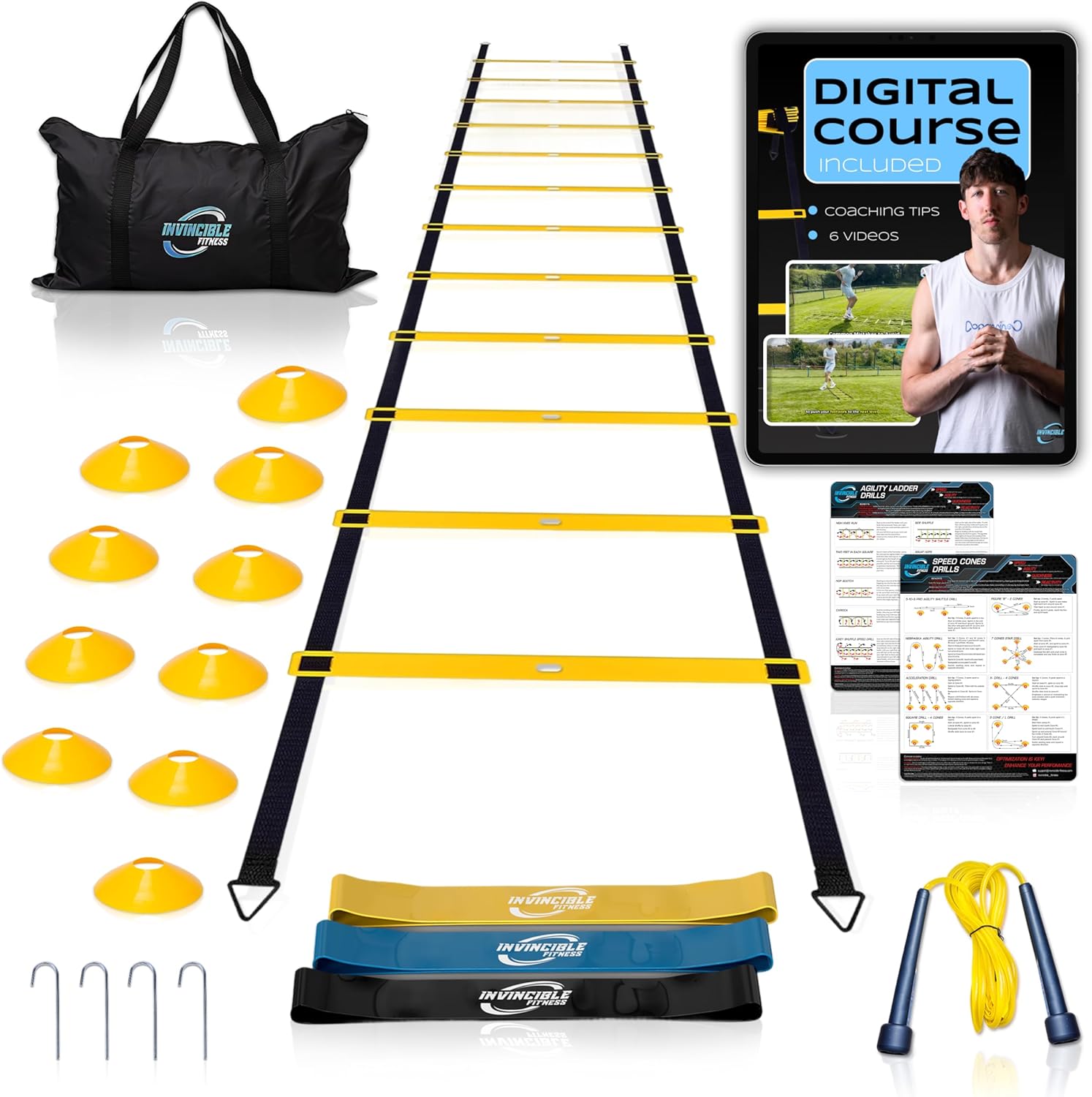 Invincible Fitness Agility Ladder Full Training Equipment Set, Improves Coordination, Speed, Power and Strength, Includes 10 Cones 4 Hooks and 3 Loop Resistance Bands for Outdoor Workout