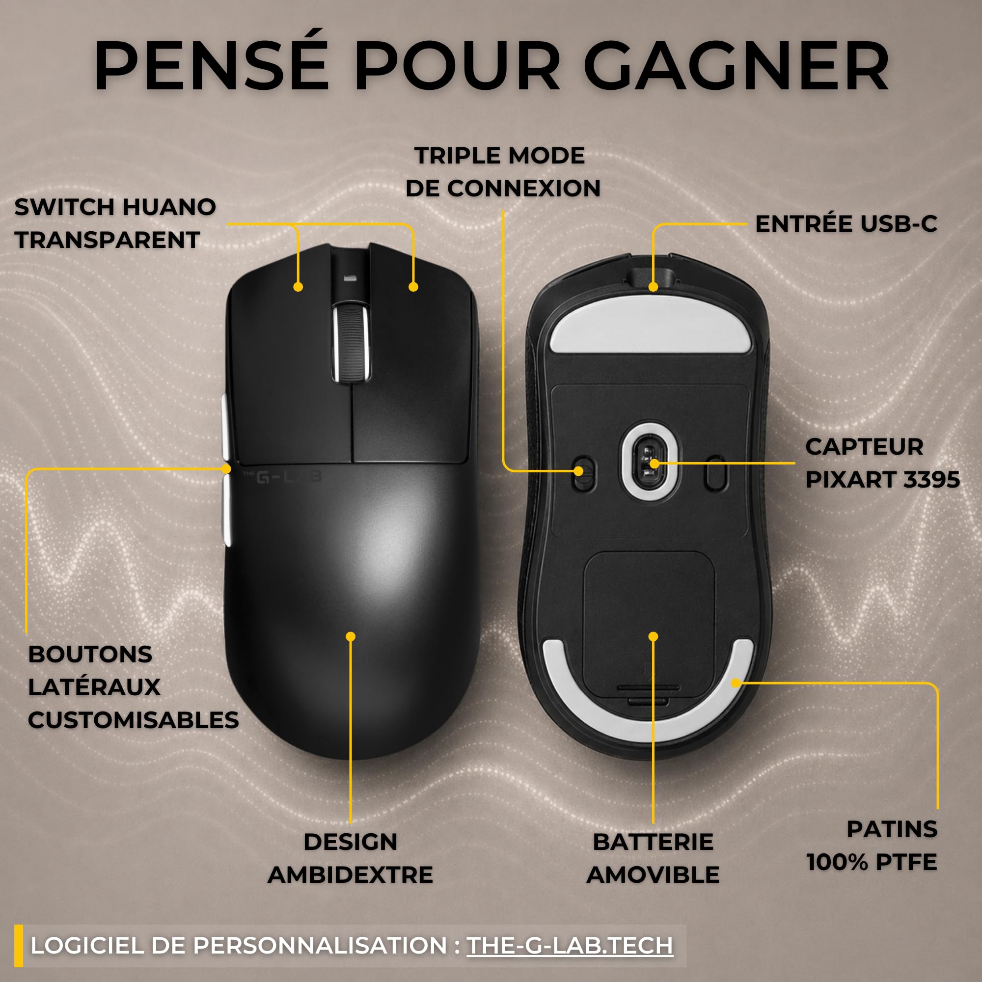 The G-Lab Kult Elite M100 - Souris Gamer sans Fil 26 000 DPI 1000 Hz | Connexion Sans Fil Tri Mode 2.4GHz/Bluetooth/Filaire, Capteur PixArt 3395,26 000 DPI, 1000 Hz Polling Rate, Patins 100% PTFE
