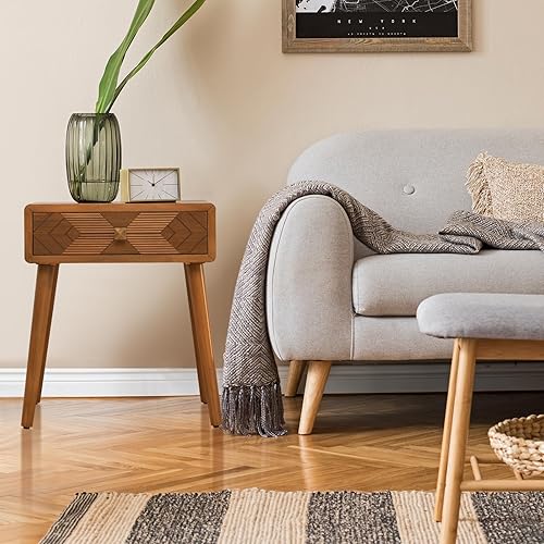 Miniatura 6 de Ahoukua Mesita de noche moderna de mediados de siglo con cajón, mesitas de noche marrón con almacenamiento, diseño geométrico tallado, mesa auxiliar