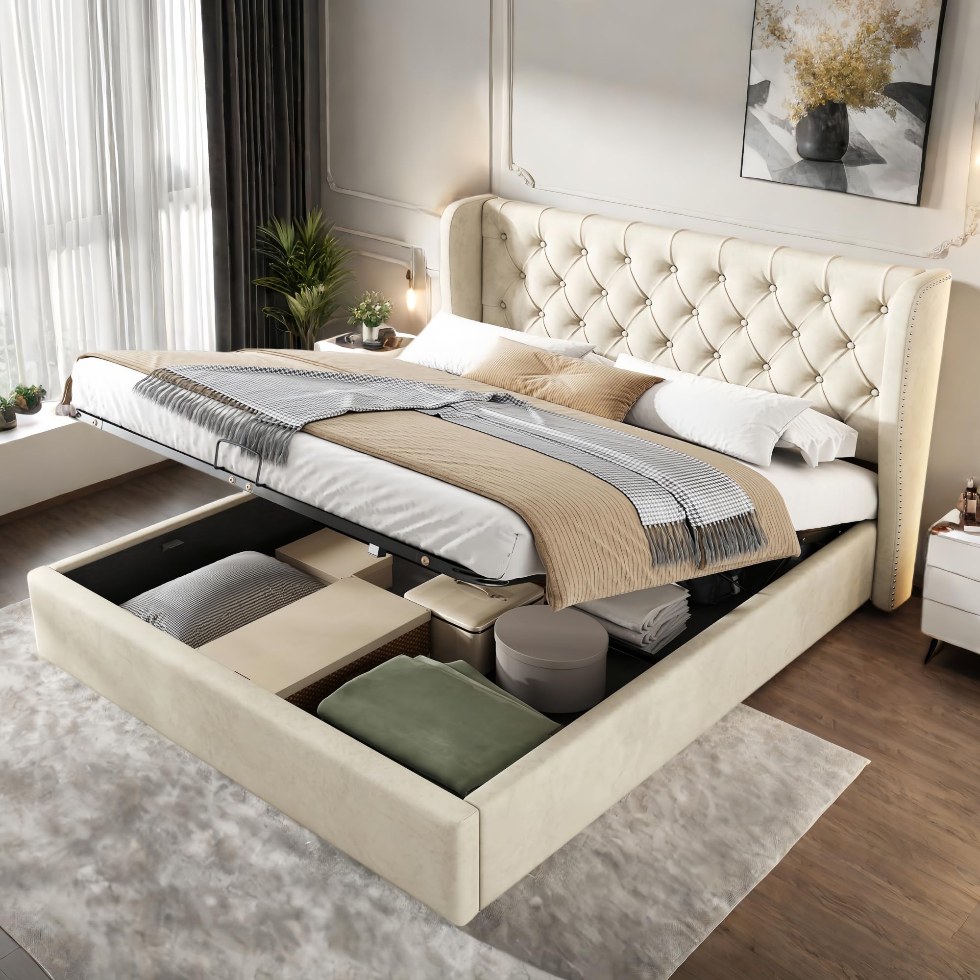 Lubvtti Cama acolchada de terciopelo con forma de oreja, cama de matrimonio con espacio de almacenamiento hidráulico, cama de matrimonio con somier de láminas (beige, 180 x 200)