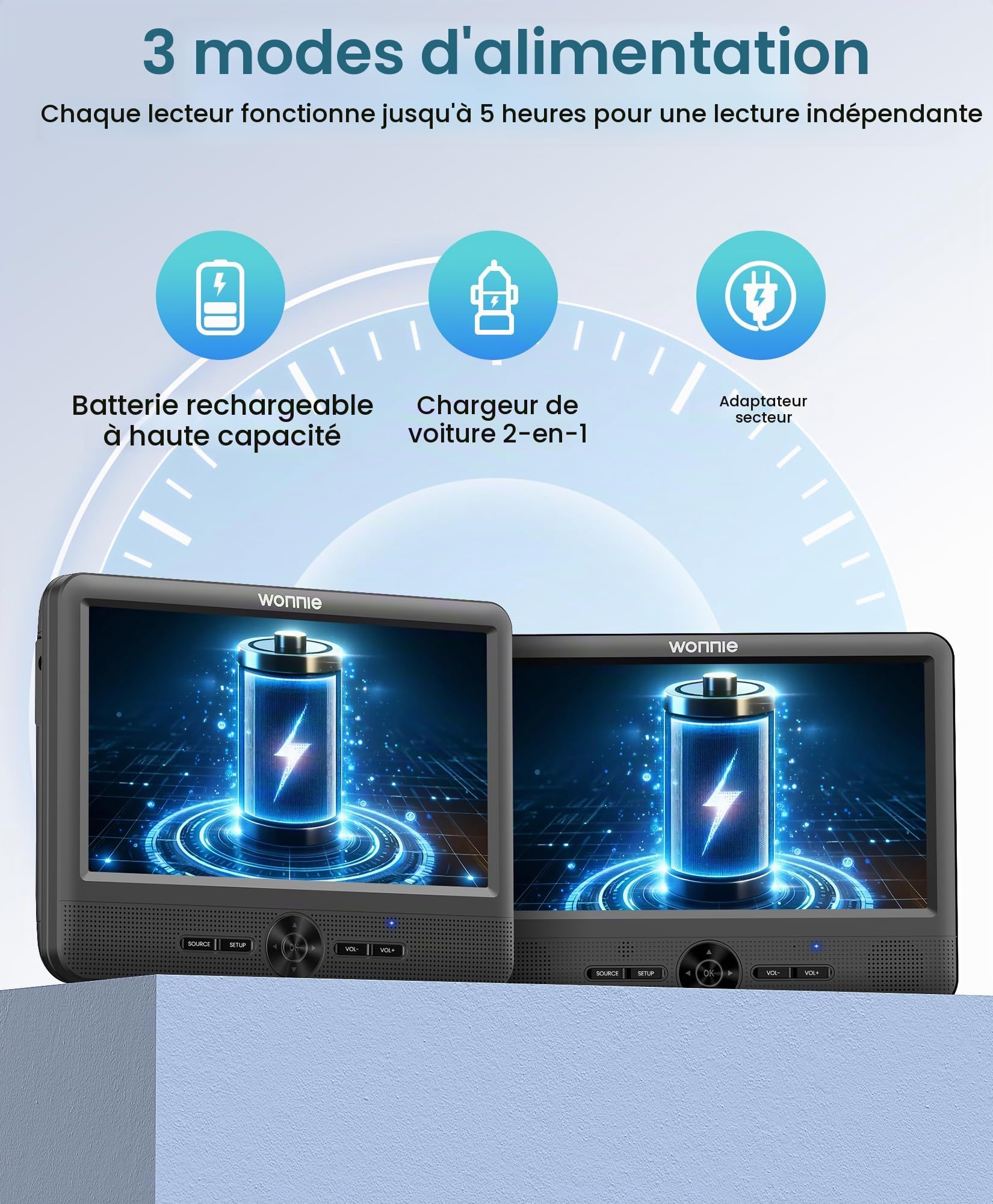 WONNIE Lecteur DVD portable de 10 pouces avec deux films différents ou identiques avec 2 supports d'appui-tête, batterie rechargeable 5H, dernier stockage, sortie/entrée AV
