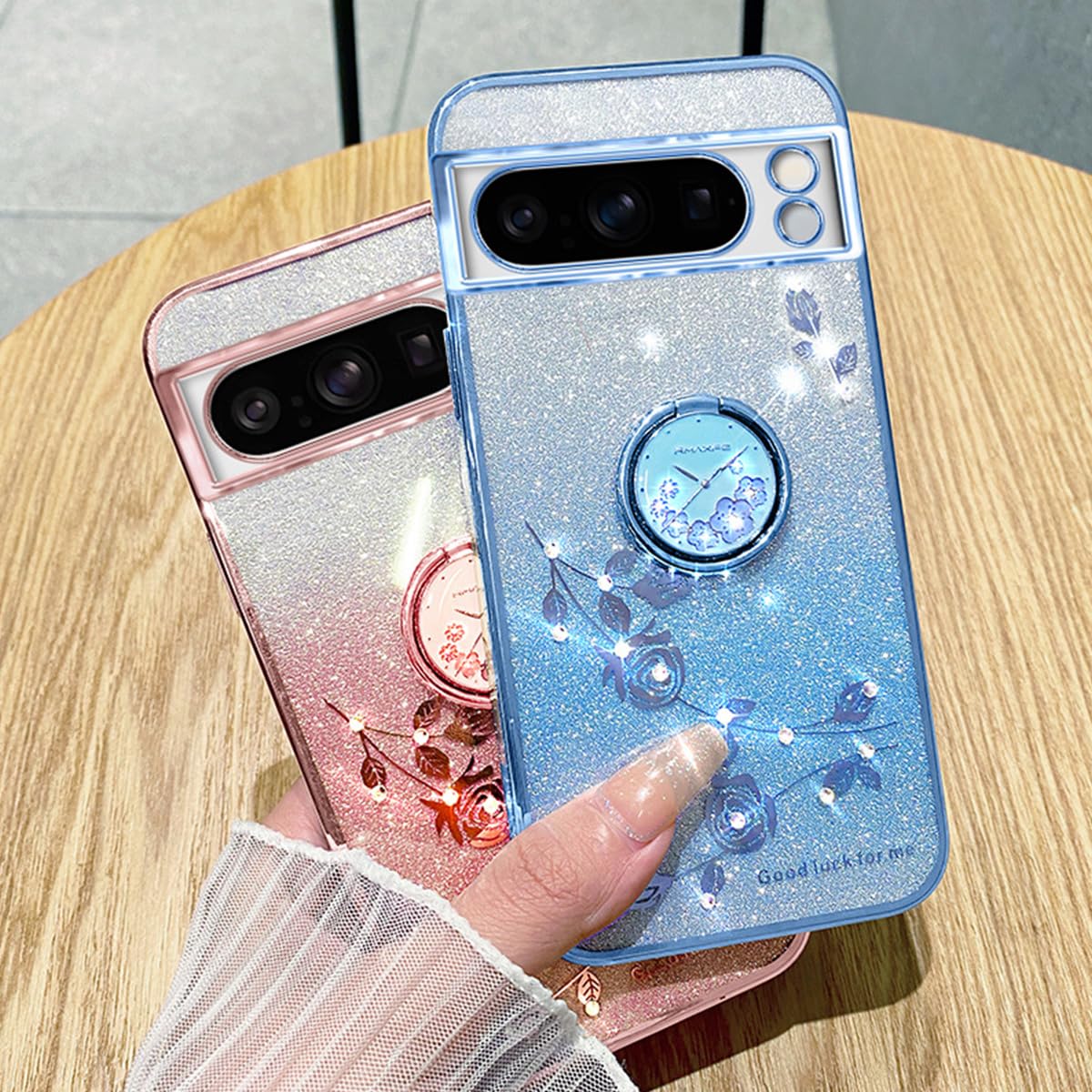 Custodia Glitter Liquido Per Google Pixel 7A Con Anello Portadito E Supporto – Bling Scintillante (Lake Blue)