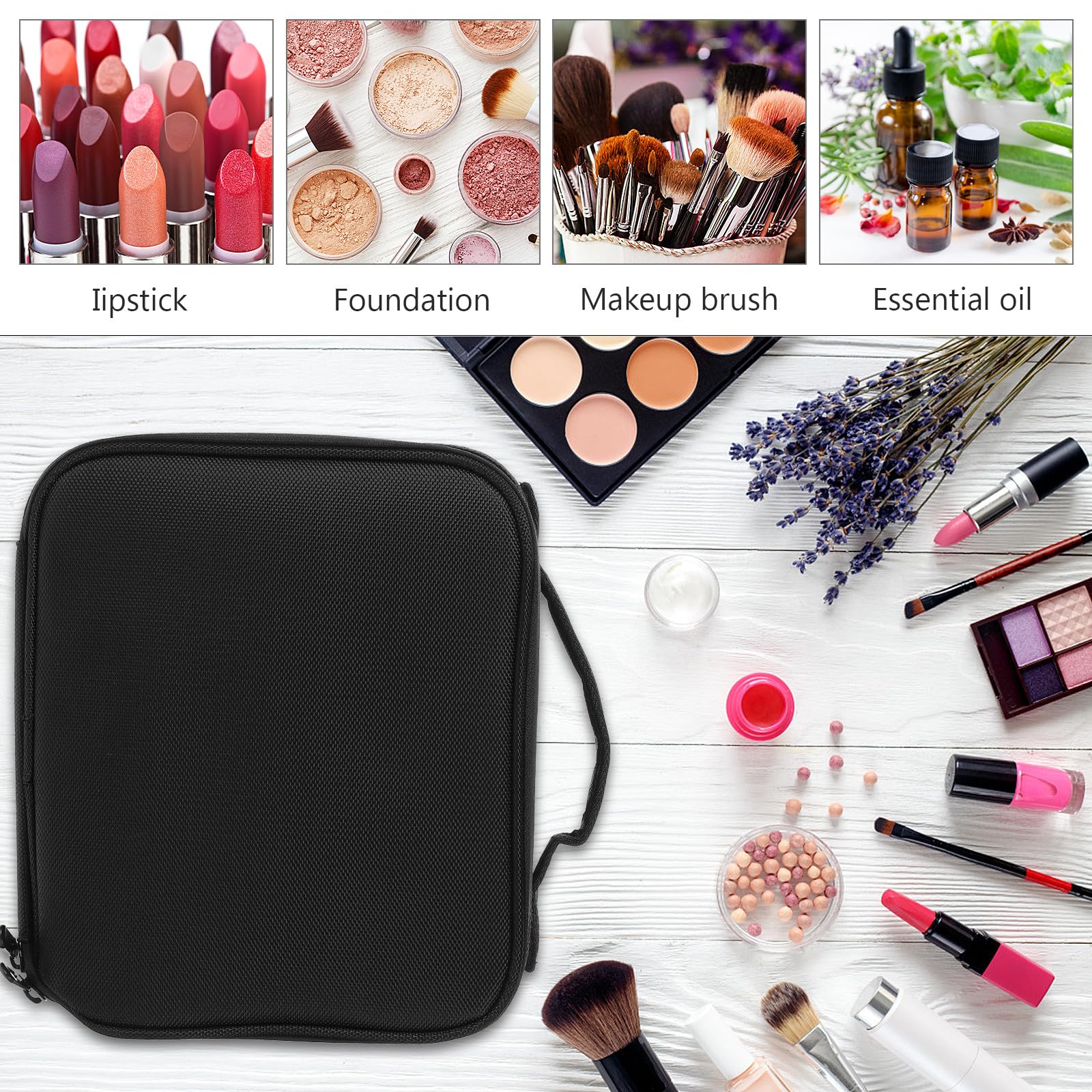 ifundom Neceser de Maquillaje Portátil Negro, Bolsa de Cosméticos Multiusos Asa, Organizador de Viaje Compacto para Artículos de Aseo y Maquillaje, Adecuado para Viajes y Almacenamiento