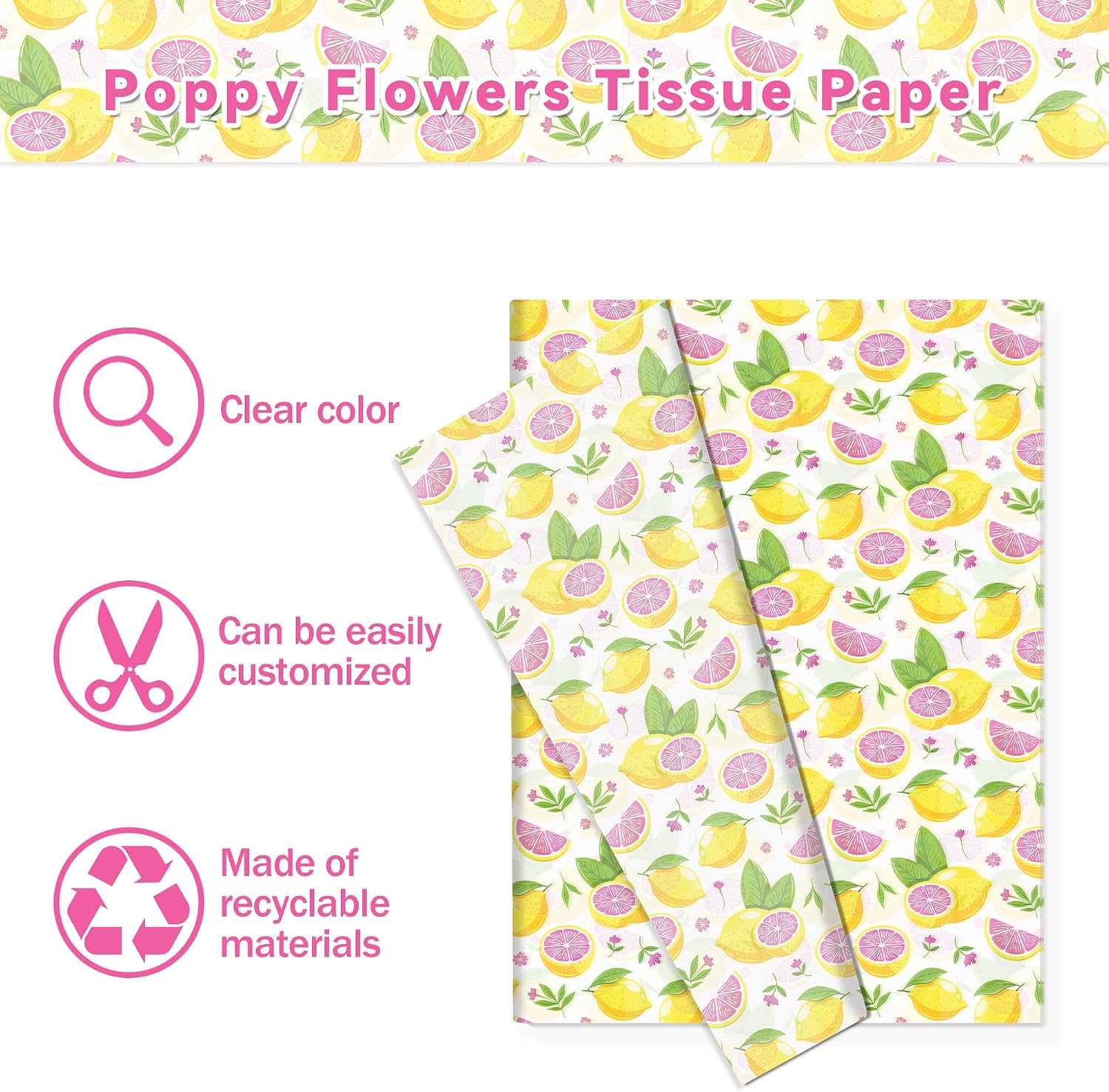 100 Sheets Pink Lemon Patterns Tissue Paper Summer Fruit Lemon Wrapping Art Tissue for Festival Birthday Wedding DIY Crafts Party Decor,13.8 x 19.7 inches