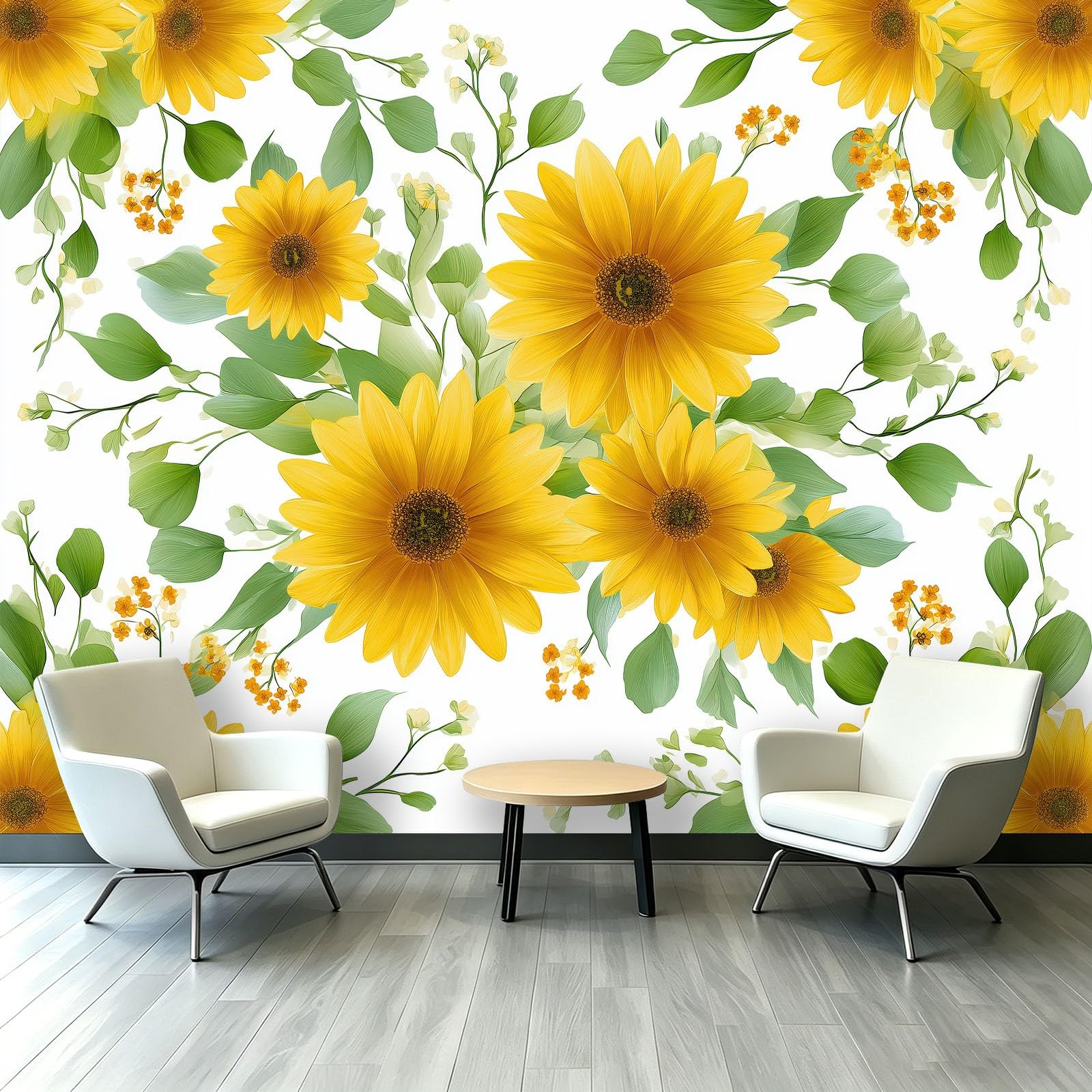 Carta da parati fotografica con foglie verdi girasole 300 x 210 cm (larghezza x altezza), stampa artistica di alta qualità, motivo floreale dipinto a mano, decorazione per la casa, per camera da letto
