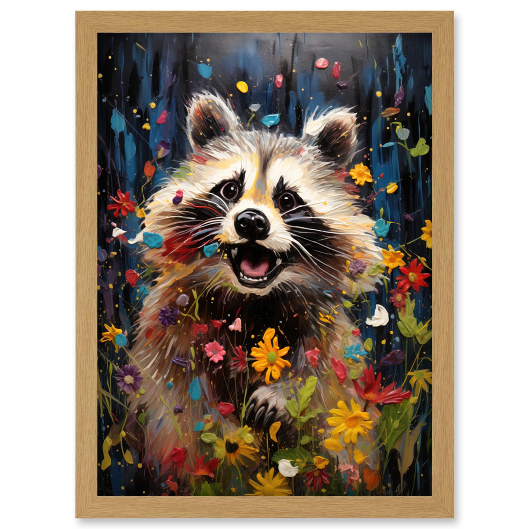 Artery8 Racoon Romp Playing in a Wildflower Meadow Oil Painting Running Through Flowers in Spring Quirky Portrait Artwork Framed Wall Art Print A4