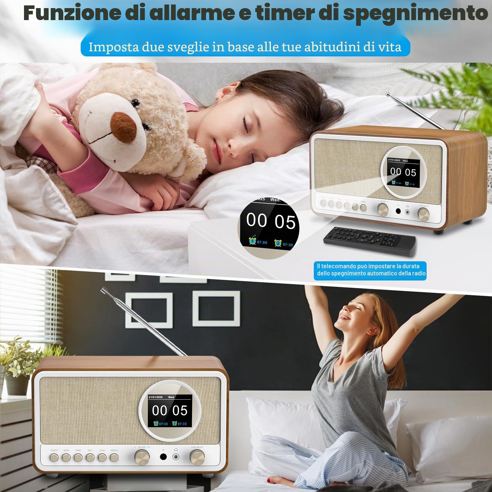 DAB+/FM Radio con Bluetooth, Radio DAB Plus, radio digitale da cucina, r adio con telecomando,Radi o da cucina, radiosveglia con funzione sleeptimer, allarme snooze – USB/Aux-In (Bianco)