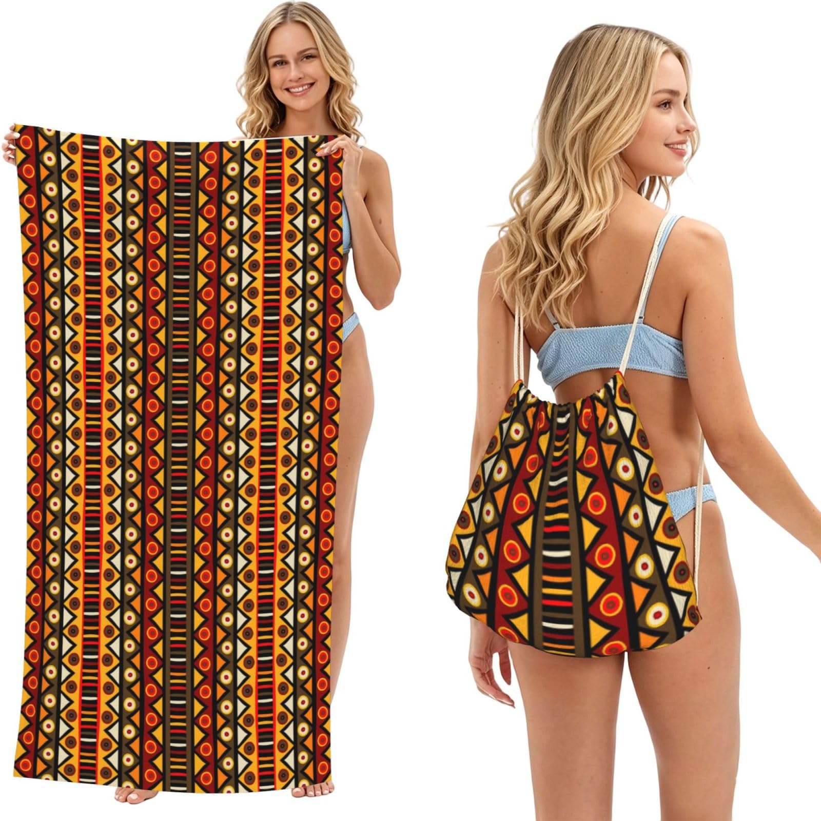 Poadnly As Picture African Motifs, 2 In 1 Packable Towel Bag, Beach Towels With Drawstring Backpack For Travel Holiday Camping