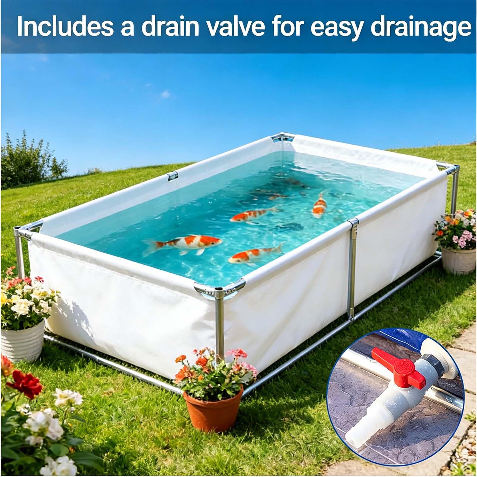 Estanque de Peces sobre el Suelo, con Marco de Acero Inoxidable Válvula de Drenaje, Resistente al desgarro, para koi y Peces, diseño de PVC Duradero,003,1x1x0.6m