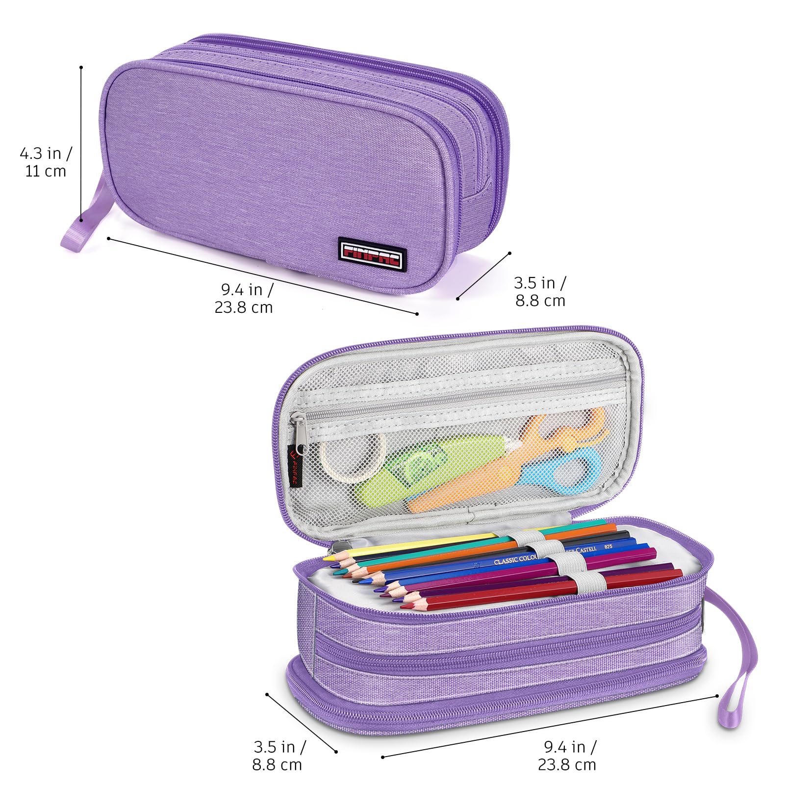 FINPAC Astuccio di Grande Capacità, Portatile Cancelleria Borsa con 3 Scomparti, Portamatite con Cerniera per Scuola Ufficio Studenti Universitari Adulto, (Scomparti-Viola)