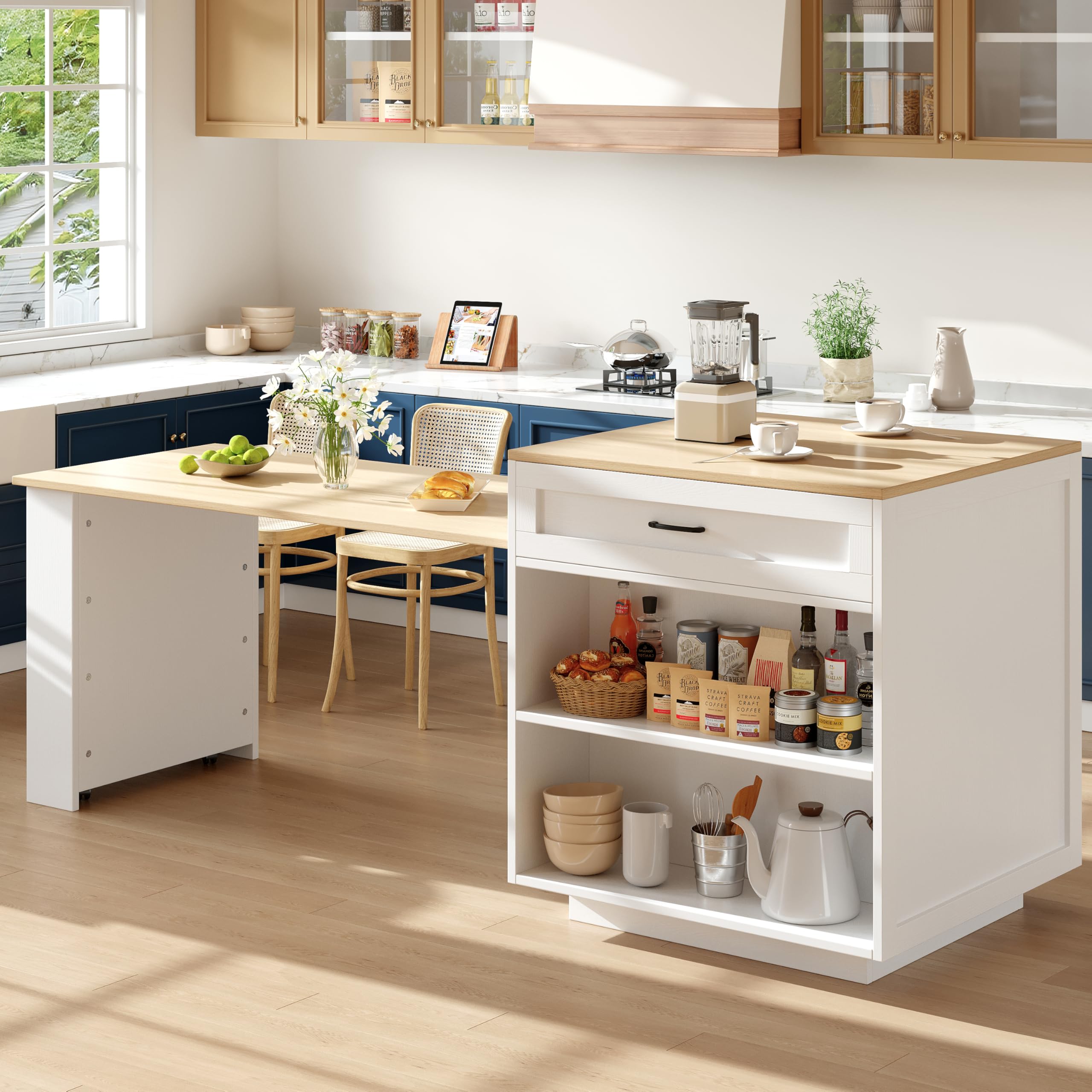 Zepneiy Table a Manger Extensible avec Espace de Rangement, Desserte Cuisine avec Deux tiroirs et Quatre Compartiments, Table Extensible pour îlot de Cuisine Blanc (133-202 × 70 × 93,5 cm)