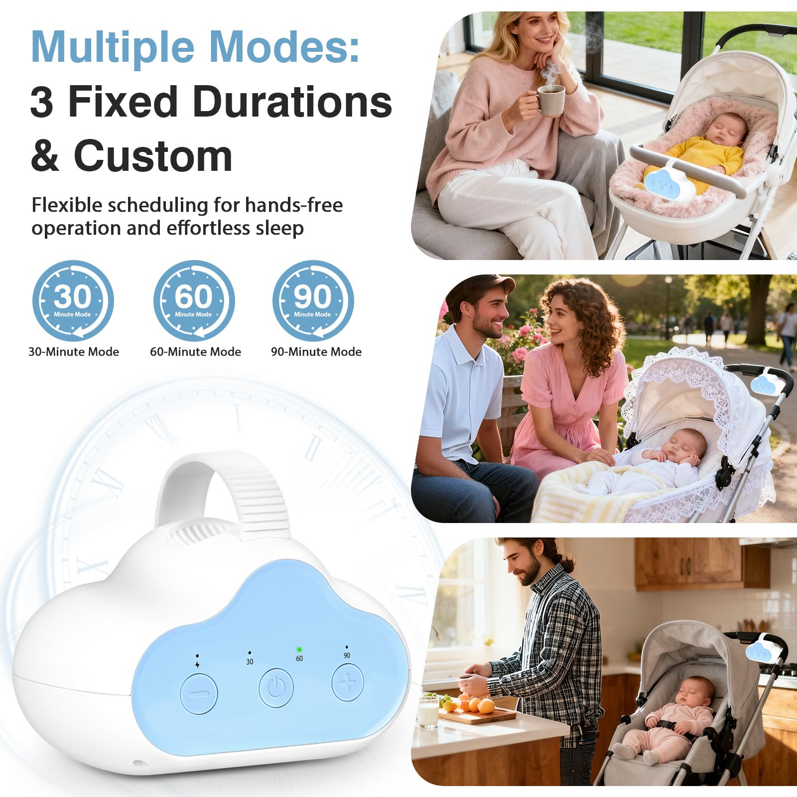 Columpio para Cochecito de Bebé Automático, Baby Rocker Recargable, 3 Niveles De Intensidad, Temporizador De 30/60/90 Minutos, Equipado con 2 Ganchos, Universal para Cochecitos y Sillas
