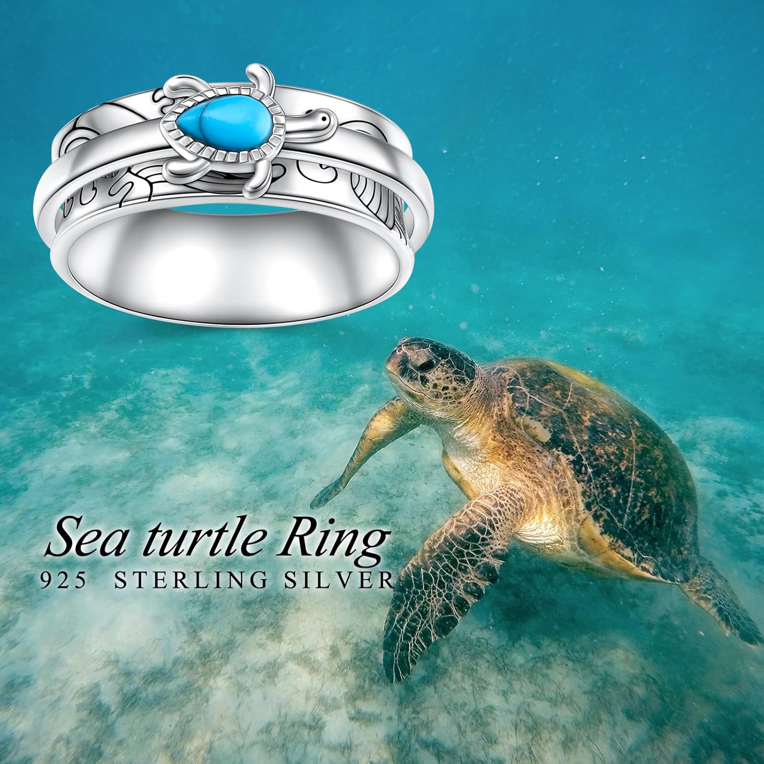 Sterling Silver Spinner Ring Sea Turtle Rings for Women, Vintage Wide Band Fidget Ring for Anxiety Relieve Stress Gift for Women Size 7-9 - Image 4