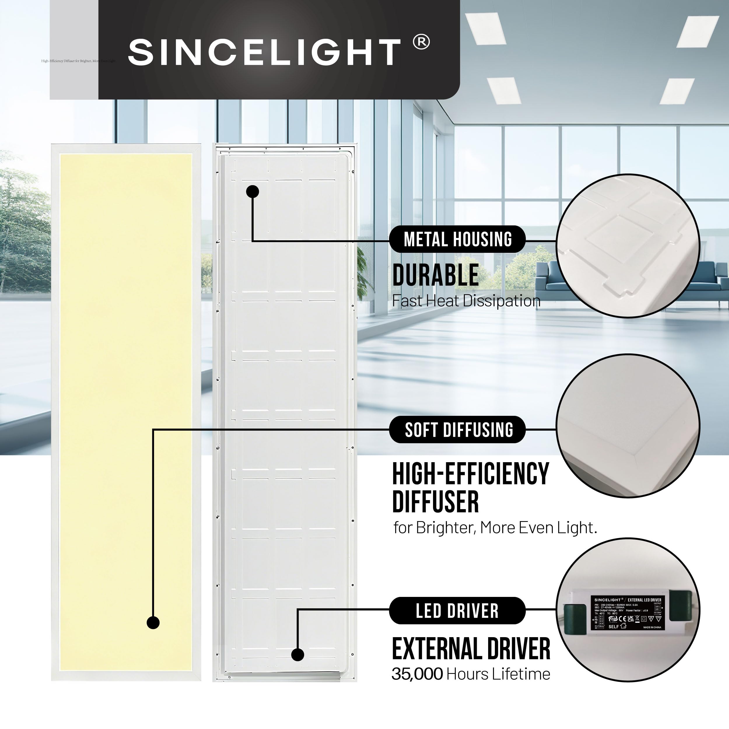 SINCELIGHT LED Kommerzielle Ultradünne Panel-Leuchte 300x1200mm, Flache T-Grid-Deckenleuchte für Büros, Hintergrundbeleuchtung, 4000 Lumen, Neutralweiß 4000K, 5 Stück
