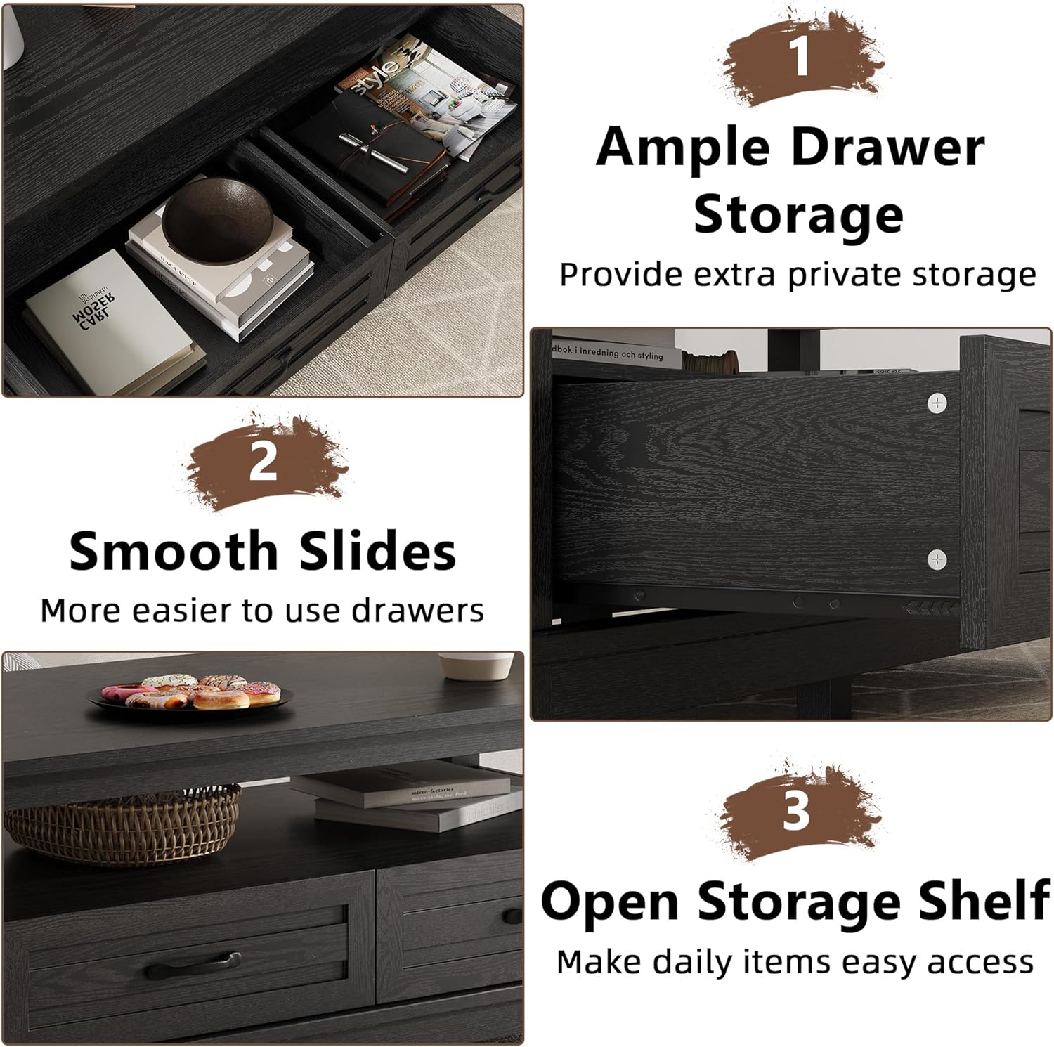 GarveeHome Farmhouse Coffee Table with Drawers, 47.2 in Center Table Rustic Coffee Tables Black Living Room Table, with Open Shelf and 6 Support Legs