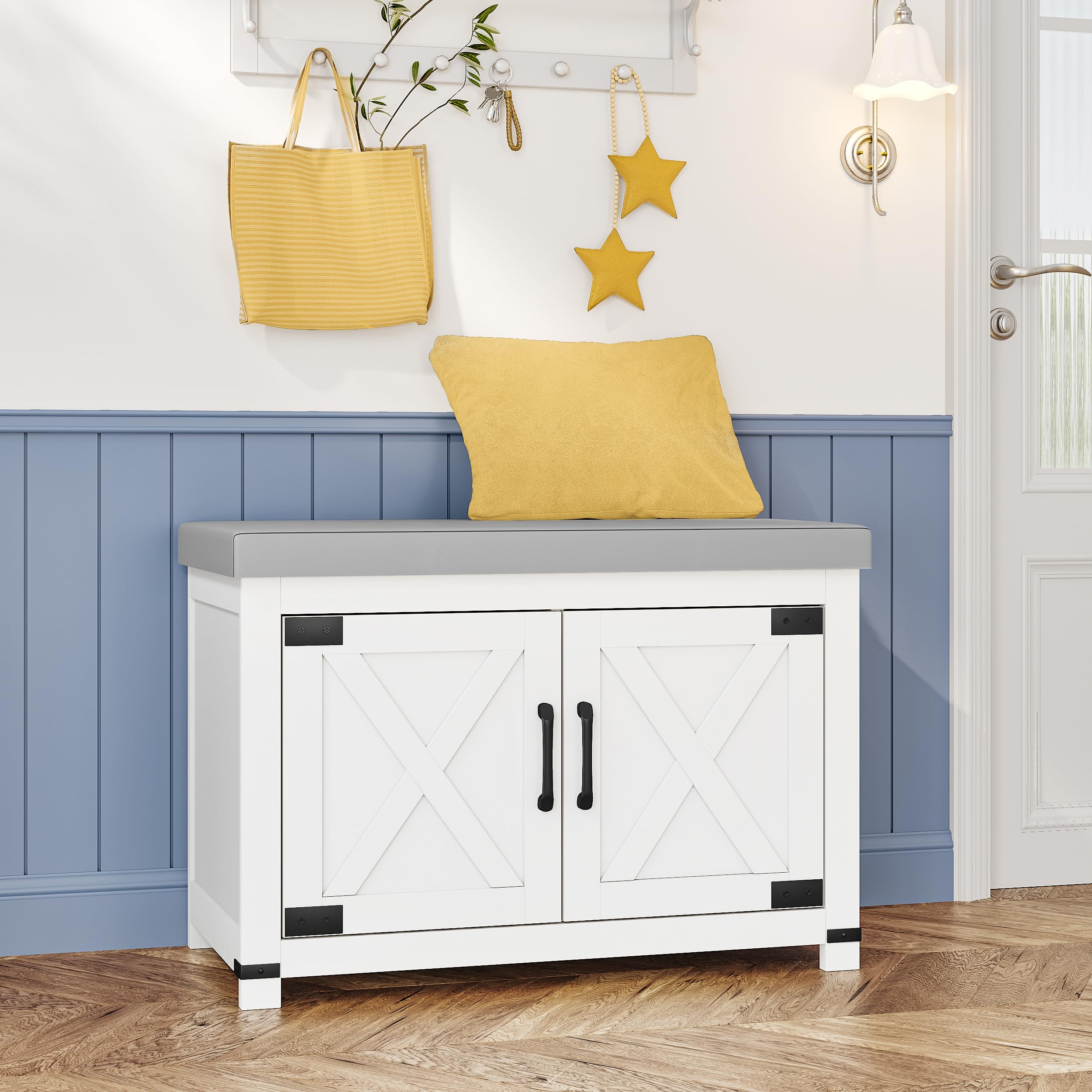 Farmhouse Shoe Storage Bench, 2 Tier Shoe Bench with Padded Seat Cushion & 2 Barn Doors, Entryway Bench with Adjustable Shelf, Shoe Cabinet for Living Room, Bedroom, White SB26203GY