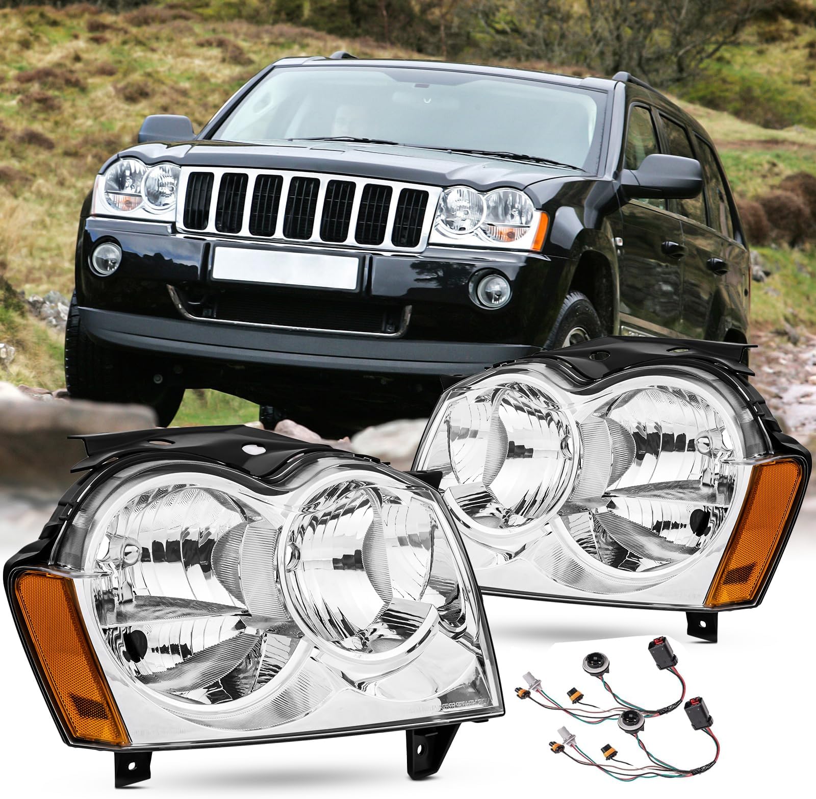 2PCS Headlights Assembly Set For 2005 2006 2007 Jeep Grand Cherokee(WK) Laredo Limited Overland SRT8 SUV Replacement Bumper Headlamps Passenger and Driver Side Chrome Housing Amber Reflector(LH&RH)