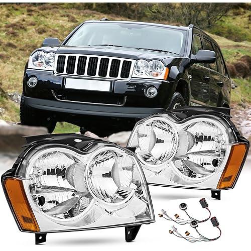 2PCS Headlights Assembly For 2005 2006 2007 Jeep Grand Cherokee(WK) Laredo Limited Overland SRT8 SUV Replacement Headlamps Passenger and Driver Side Chrome Housing Amber Reflector