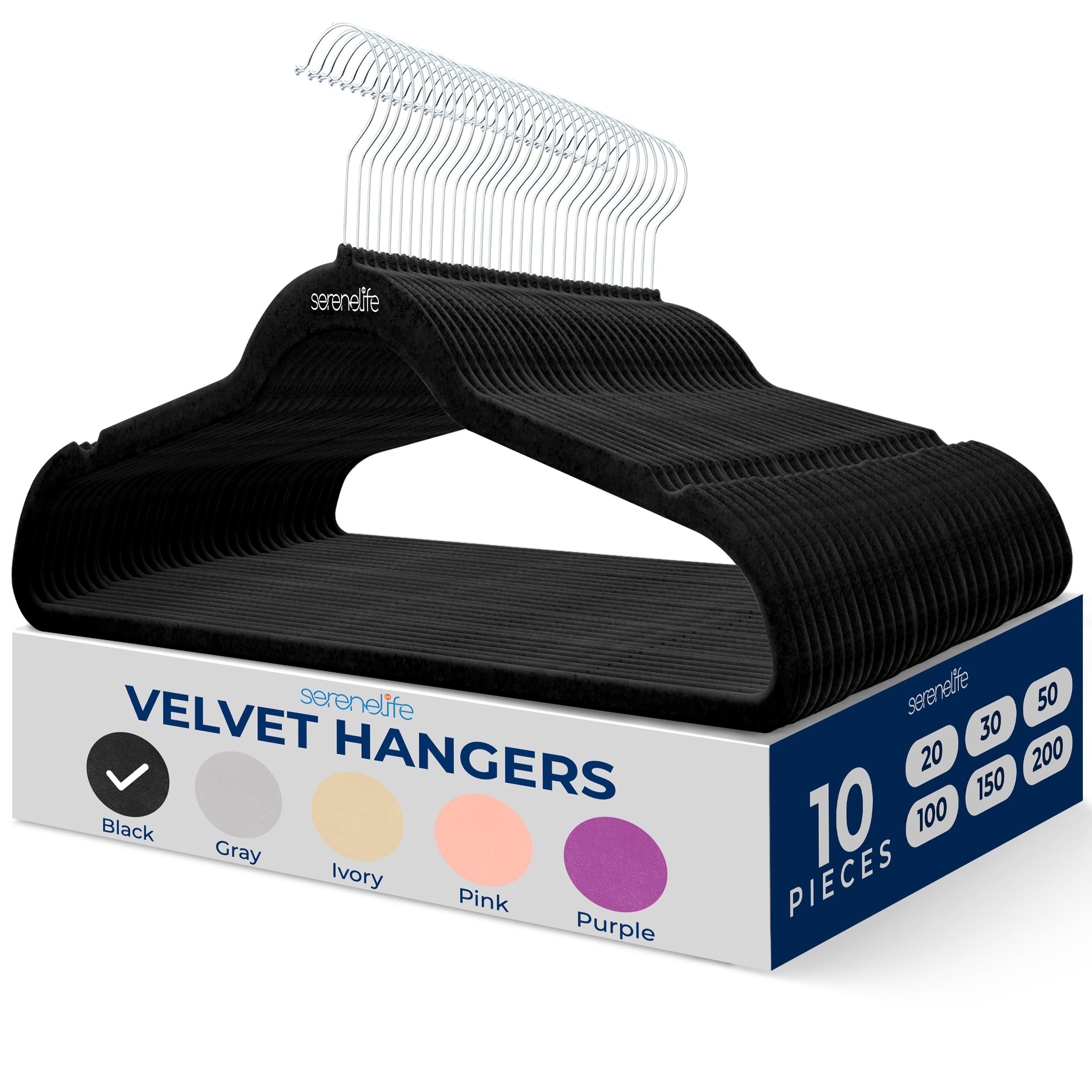 SereneLife 10-Pack Black Velvet Clothes Hangers, Non-Slip &amp; Heavy Duty