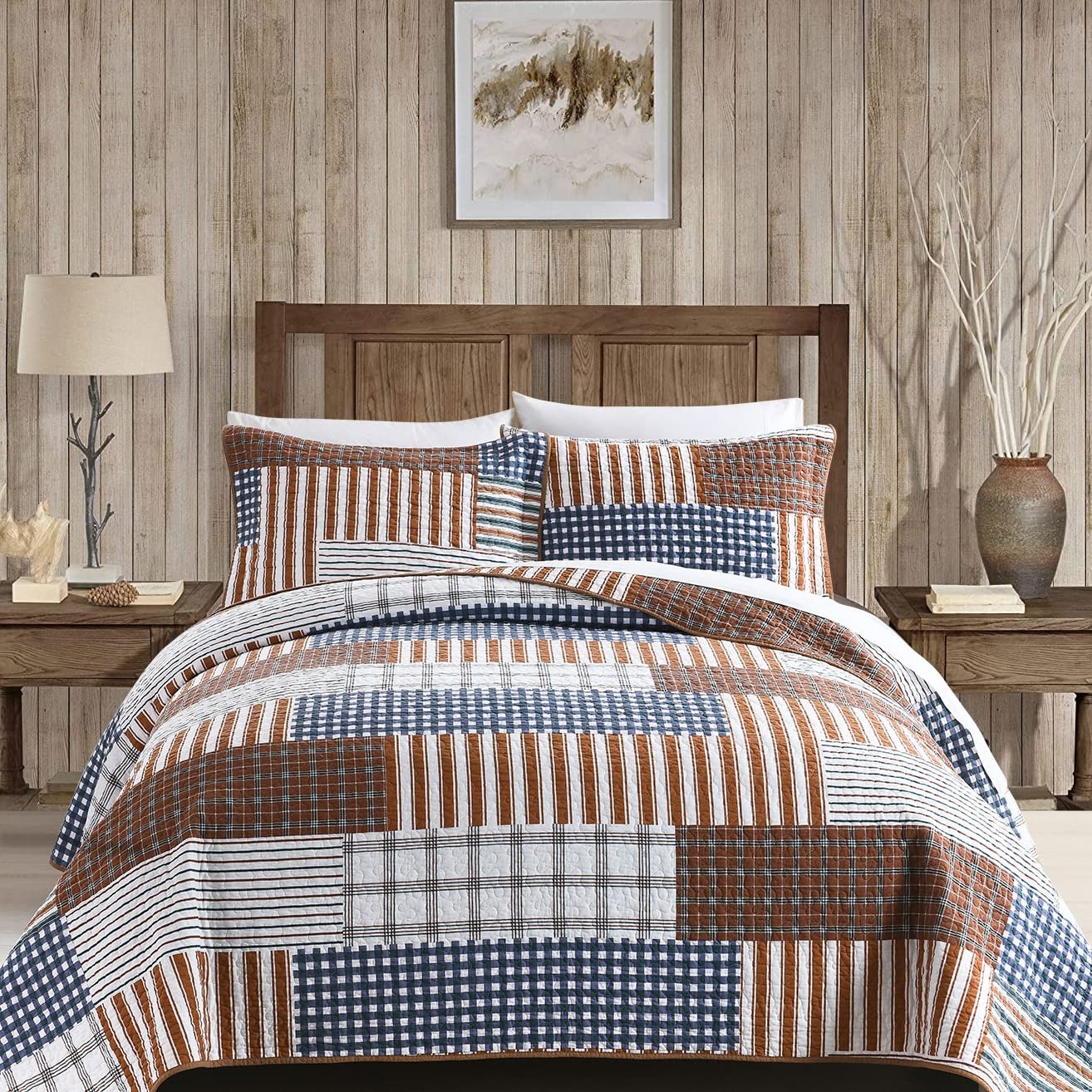Qiqiong King Size Quilt 100% Cotton Brown Patchwork Quilt Set Cabin Plaid King Bedspreads Lightweight Comforter Coverlet Bedding Set Reversible for All Season, Warm Brown/Blue/White 3-Pieces