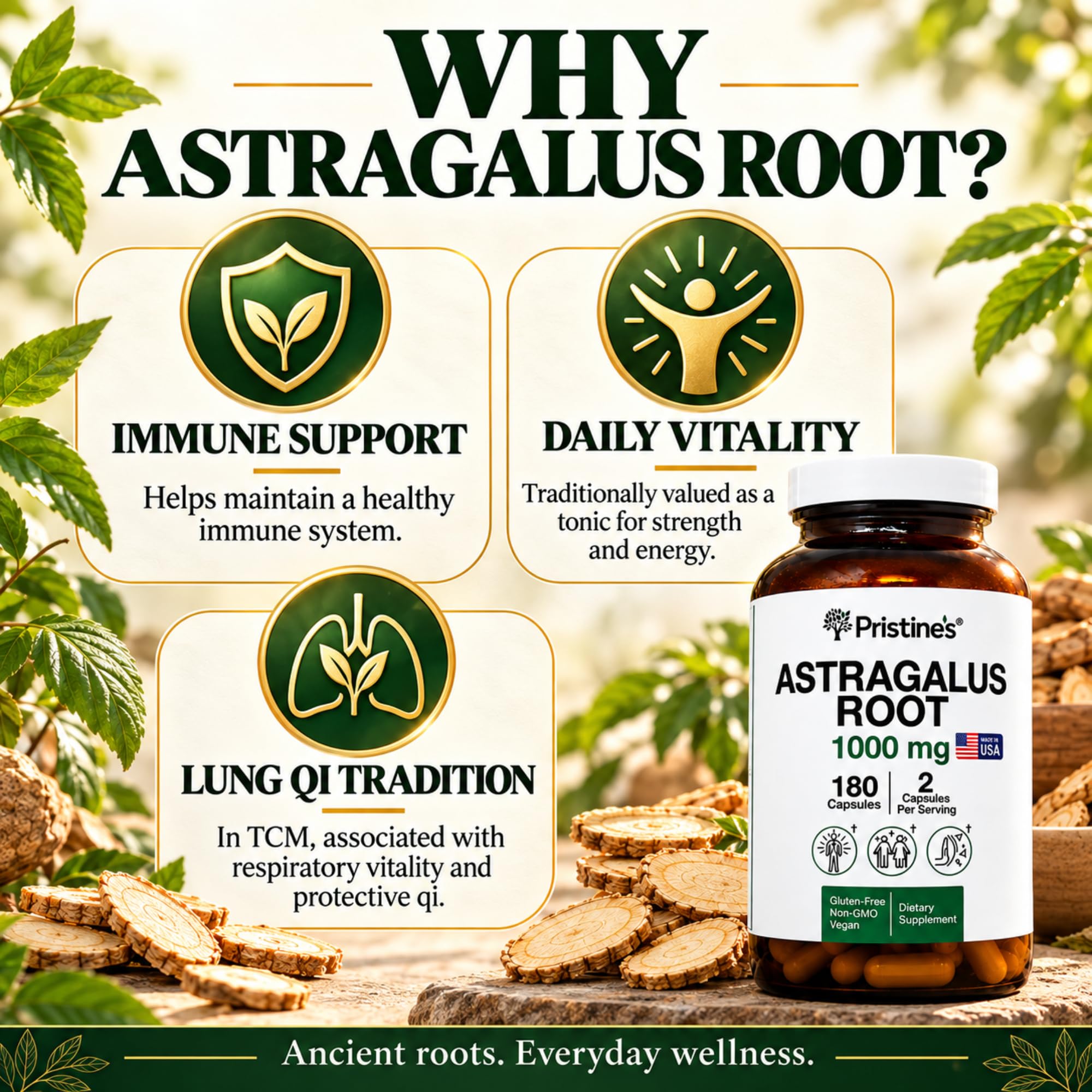PRISTINE'S Astragalus Root Capsules, Adaptogen for Immunity & Lung Health — Amazon image 3