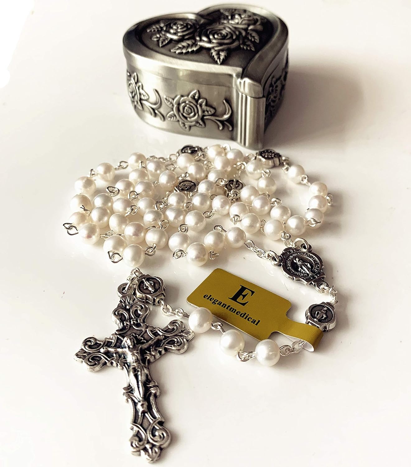 elegantmedical Handmade AAA6MM White Real Pearl Beads Catholic Our Lady Grace Rosary Cross Necklace Box case Womens Girls Gifts
