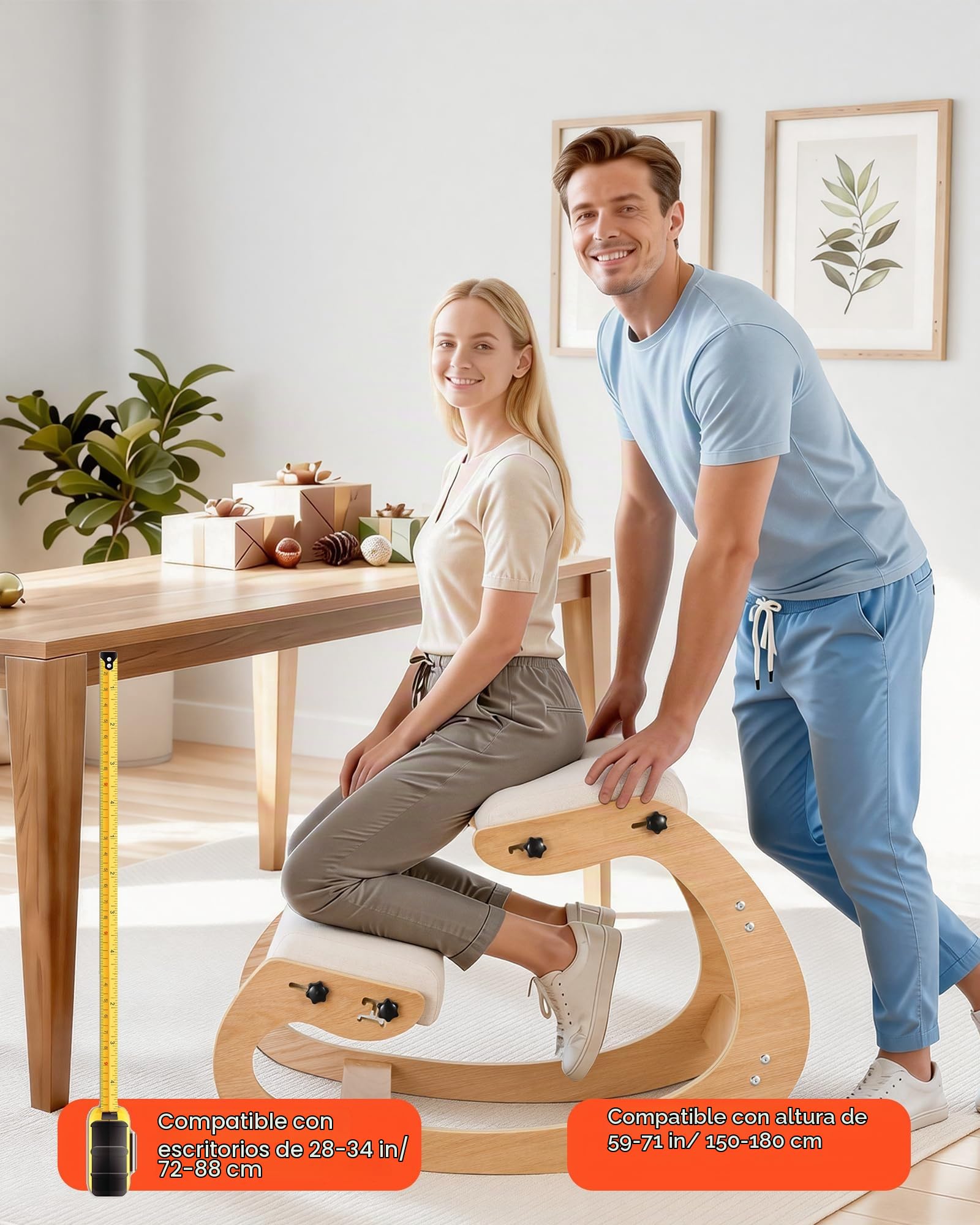 VEVOR Silla Ergonómica de Rodillas con Estructura de Madera, Cojines de Espuma Gruesa Ajustables Beiges, Taburete para Rodillas Carga de 120 kg, Relajación de Cuello y Espalda para Hogar, Oficina