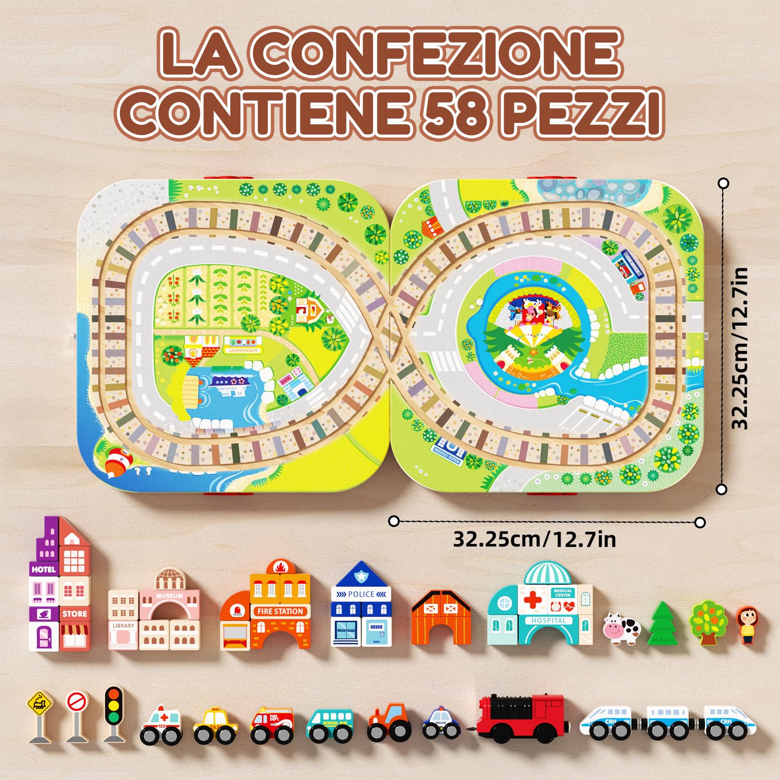 58 Pezzi Circuito Trenino in Legno, Valigetta Pieghevole di Gioco con Costruzioni Città e Auto, Gioco Educativo Montessori, Regalo Bambini 3 4 5 6 Anni