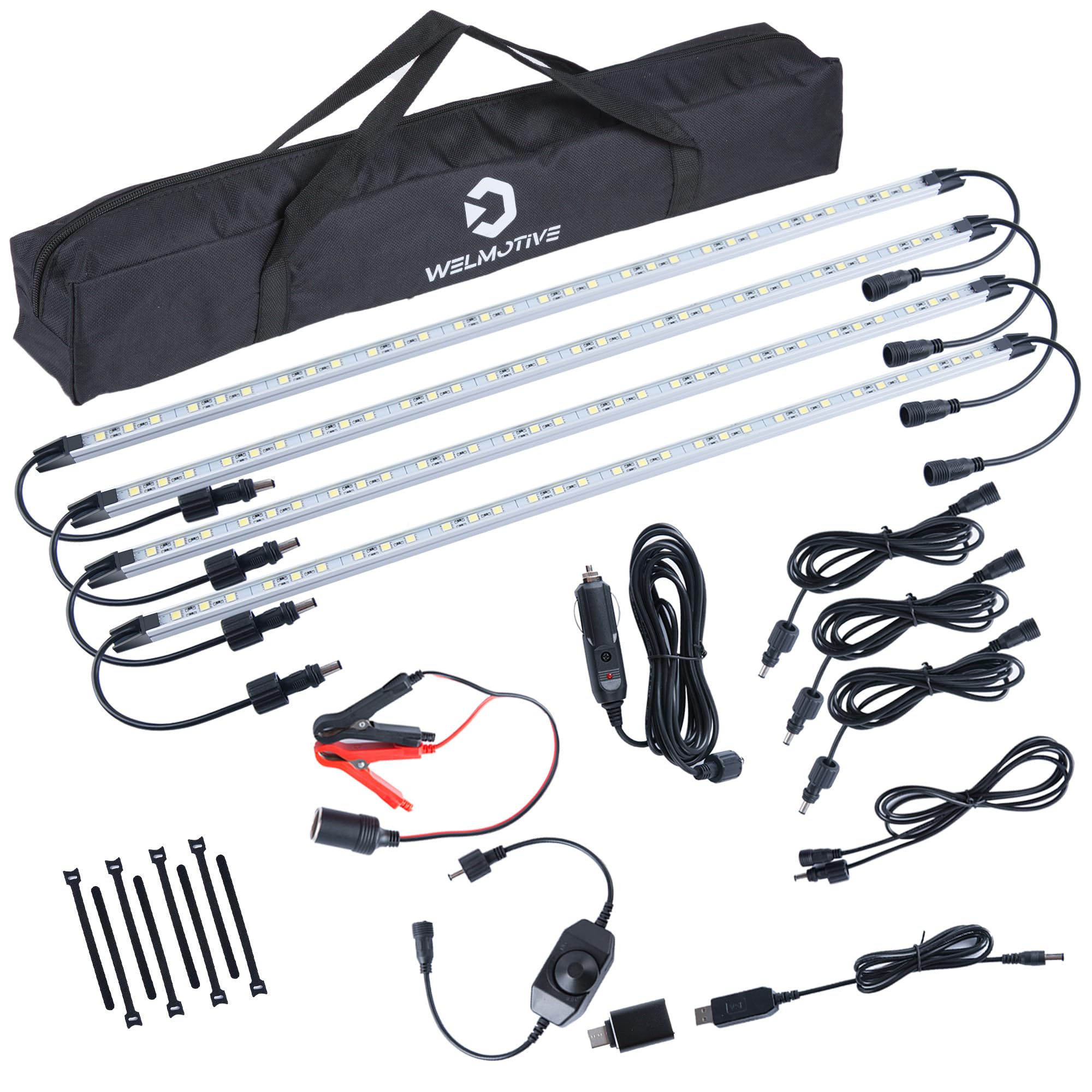 12V LED Light Bar Kit Dimmable Camping String Lights, All-in-One Portable Lighting for RV, Weatherproof IP67, Camping Tent Car Trailer Boat Light bar 4Pcs (White, Silver Shell)