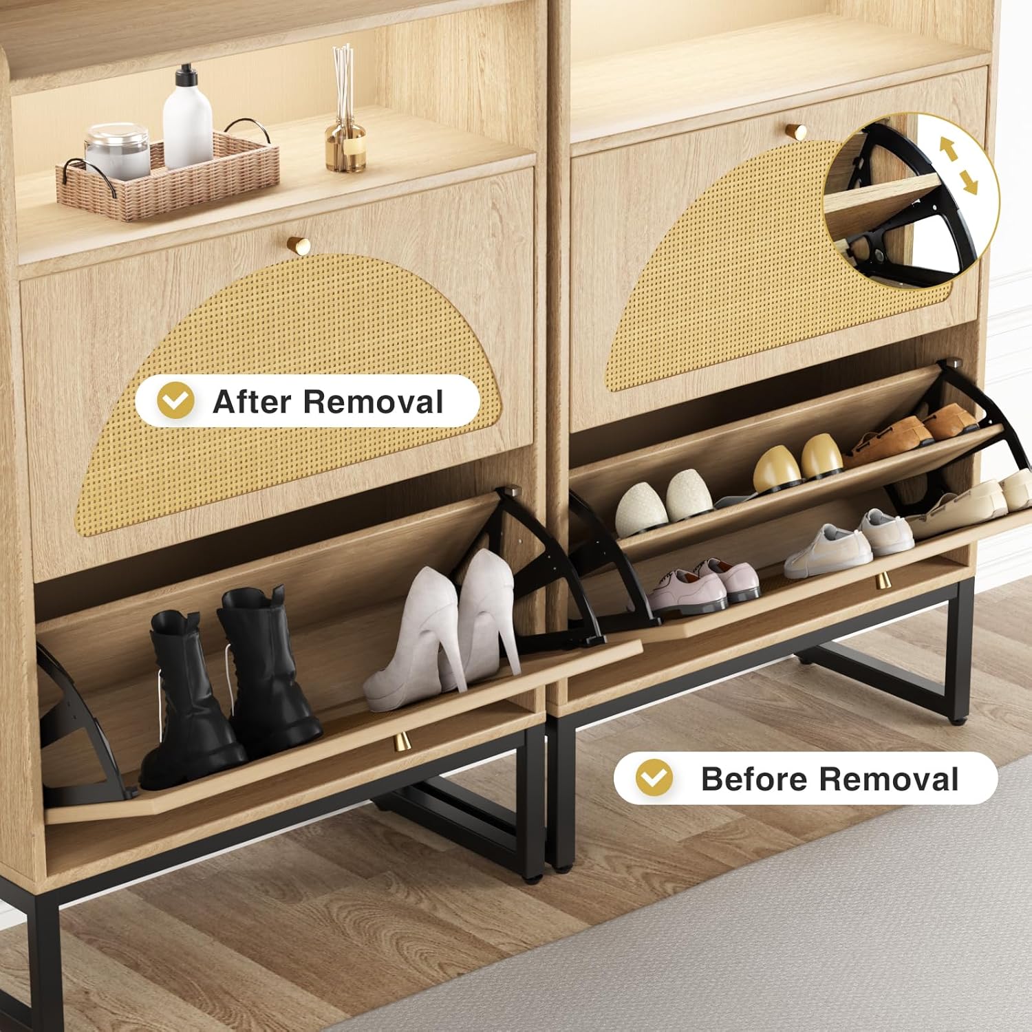 Comparison of shoe storage with and without removable shelf, showing space for boots