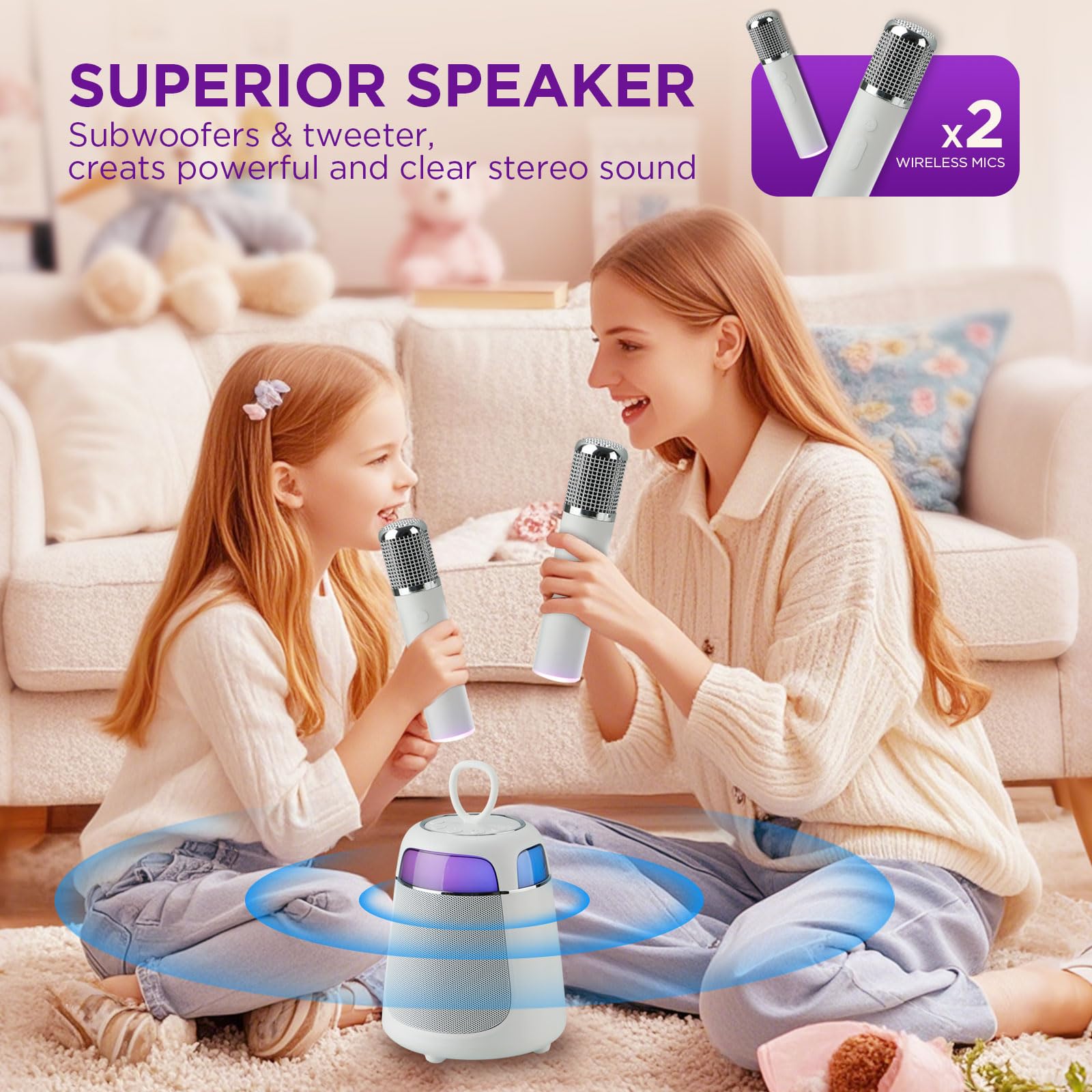 Mini máquina de karaoke, altavoz Bluetooth portátil con 2 micrófonos inalámbricos para adultos y niños, micrófono de karaoke con sistema PA compatible con USB/Tf/Aux para fiestas en casa